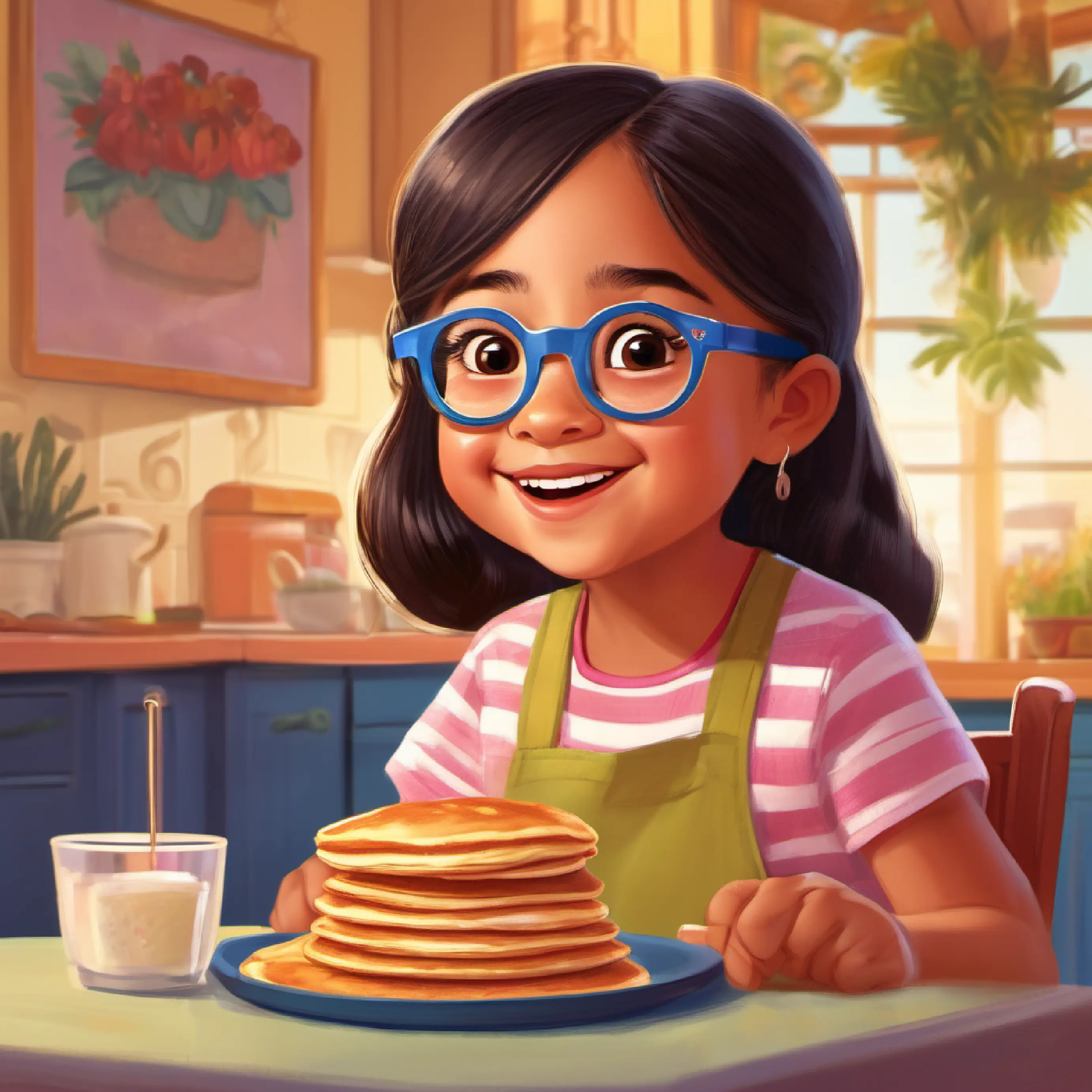 Karen and her mom eat pancakes together.