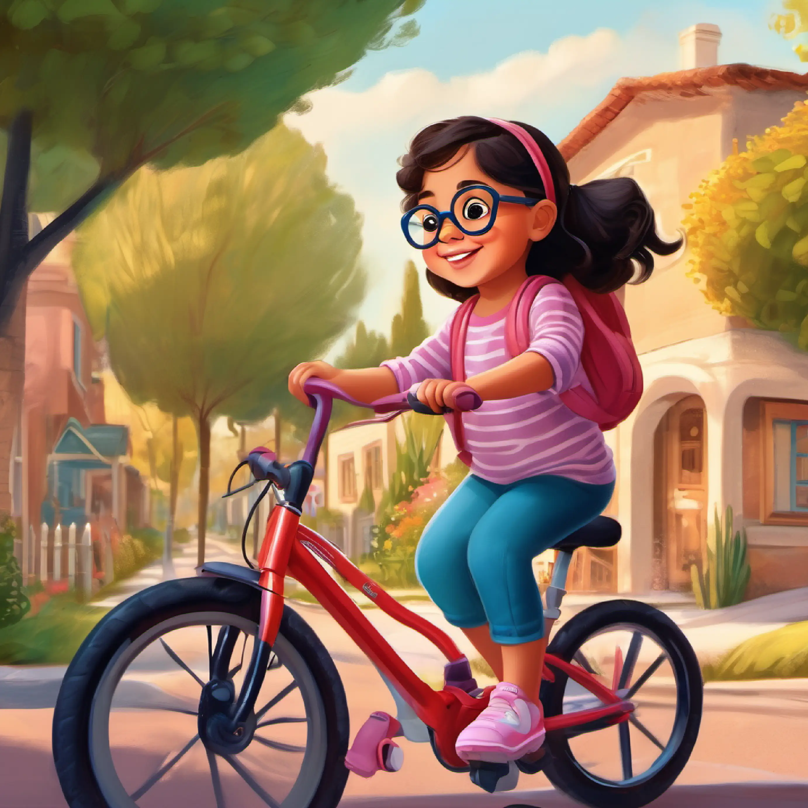 Karen rides her bike around the neighborhood with her mom.