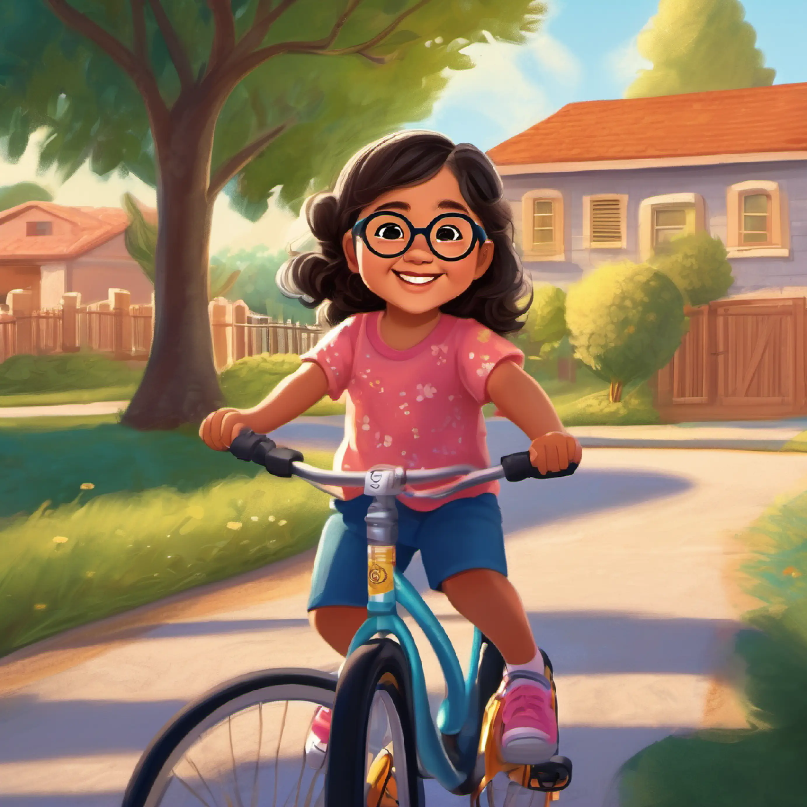 Karen greets her neighbors while riding her bike.