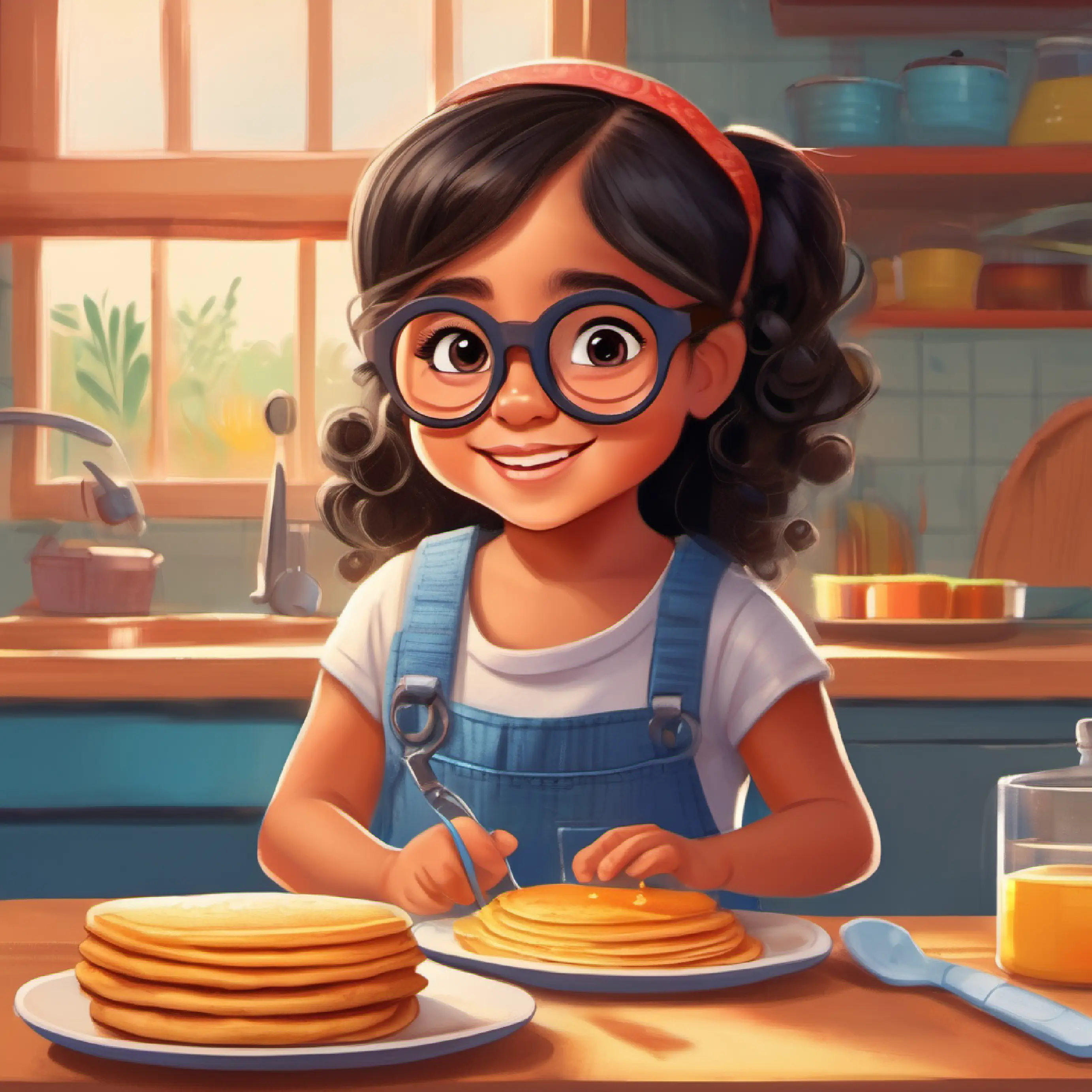 Karen helps her mom make pancakes for breakfast.