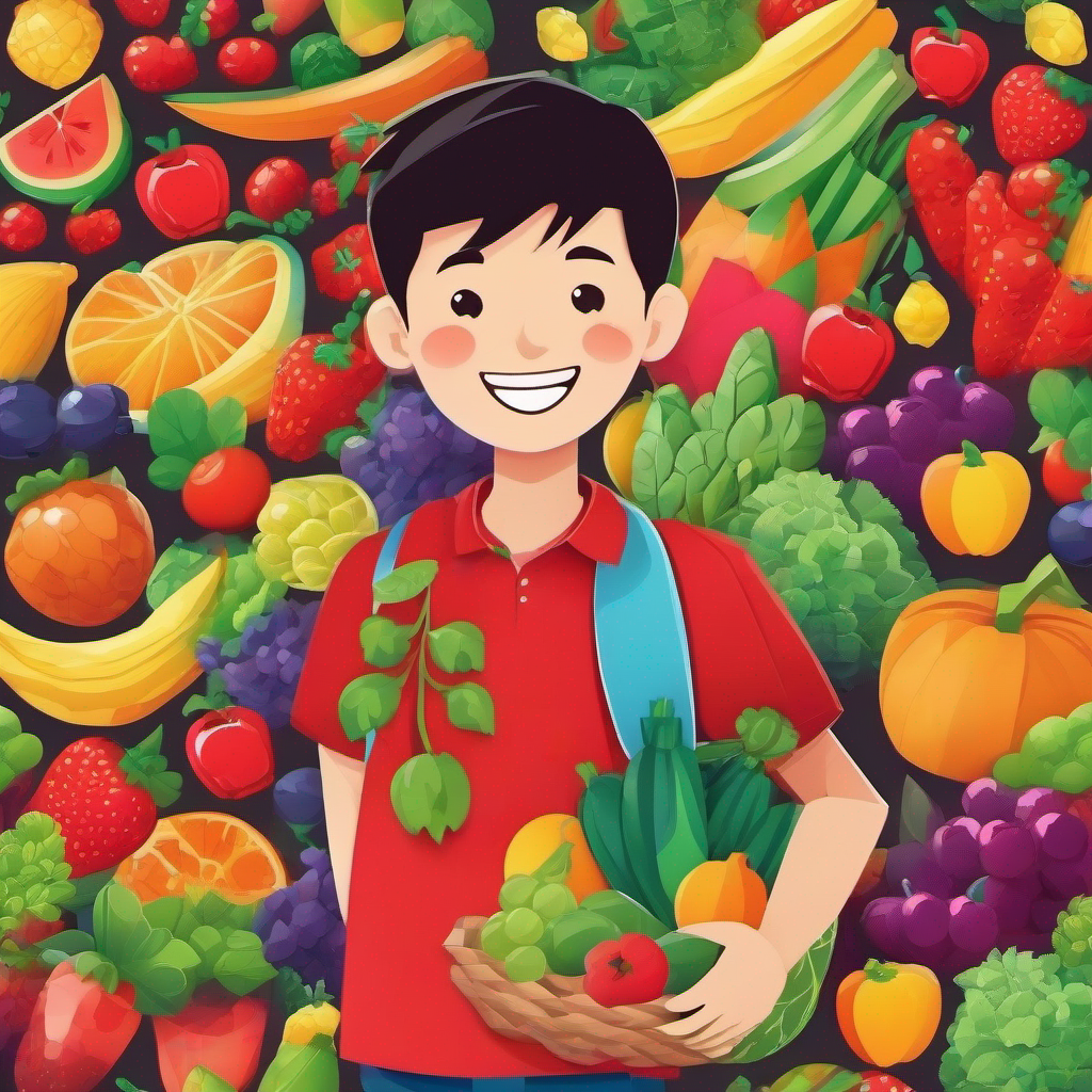 Friendly boy with a red shirt and a big smile with colorful fruits and vegetables