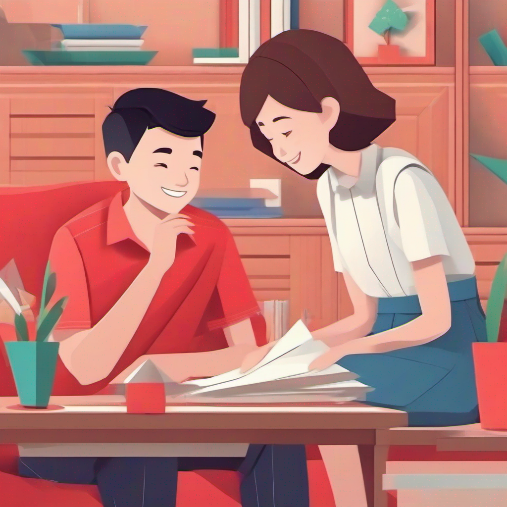 Friendly boy with a red shirt and a big smile with his mom, listening carefully