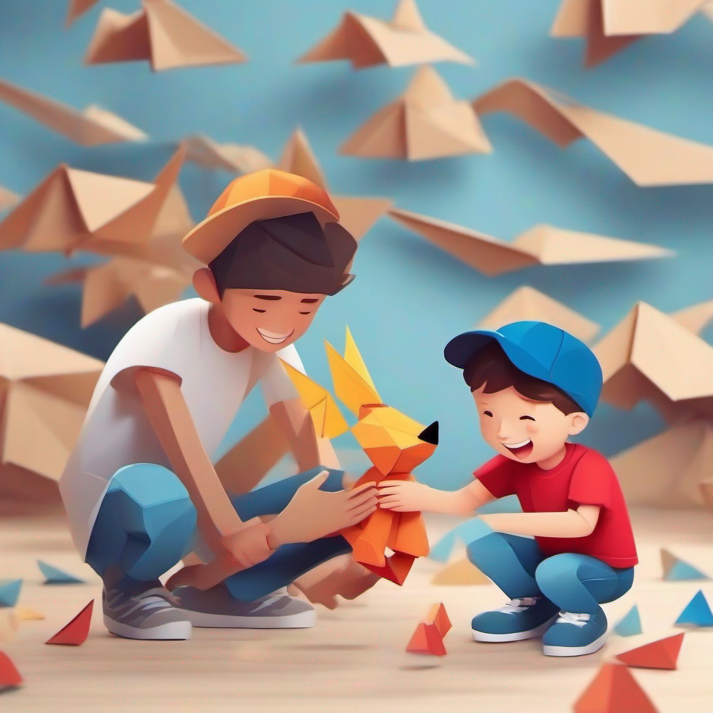 Friendly boy with a red shirt and a big smile helping Caring friend with a blue cap and sad face find his toy