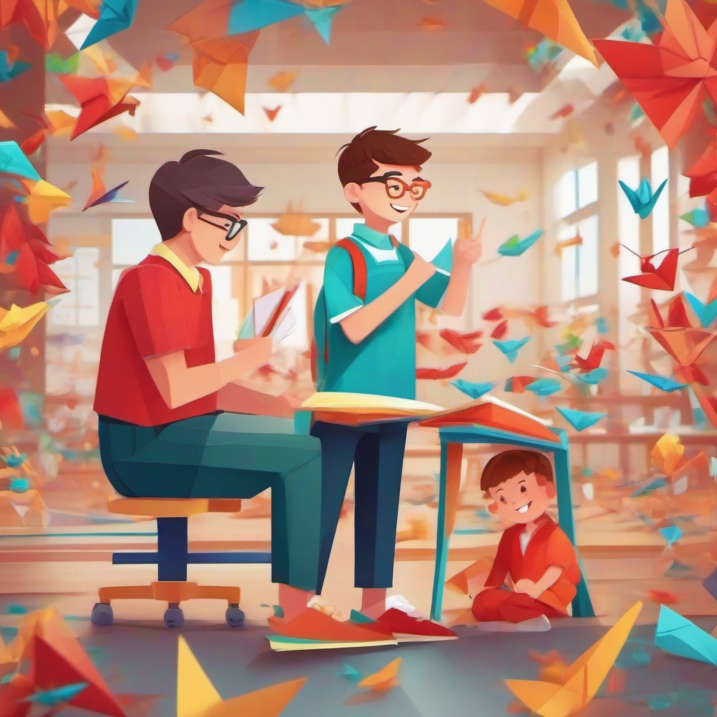 Friendly boy with a red shirt and a big smile in class with Kind teacher with glasses and a colorful dress