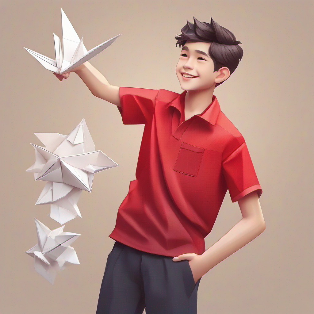 Friendly boy with a red shirt and a big smile feeling proud of being a good listener