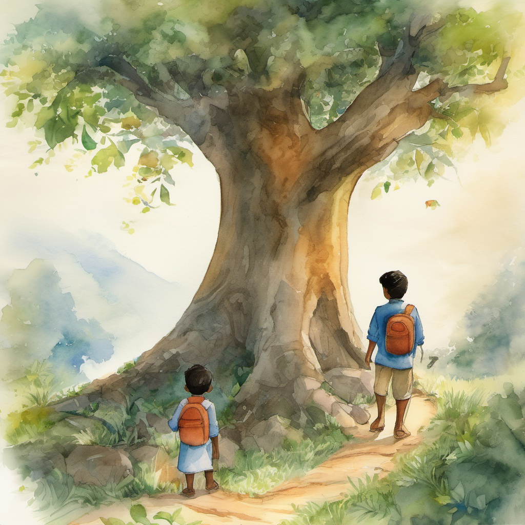 Rohit's face turned serious as he listened to his father's words. "Papa, we have to save the magical tree! We can't let the village lose their happiness!" Raghav nodded, proud of his brave son. "Indeed, my son. So, early next morning, we packed our bags with courage and hope, and set out on a journey to find the secret ingredients that could revive the magical tree."