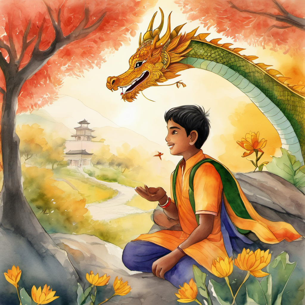 Taking a deep breath, Rohit walked up to the dragon, fearlessly sharing his pure intentions and kind heart. The dragon, touched by Rohit's sincerity, stepped aside, allowing him to pick the golden flower. With the golden flower in their hands, Raghav and Rohit made their way back to the village. The villagers cheered with joy as they saw them return, hoping for their happy moments to be restored.