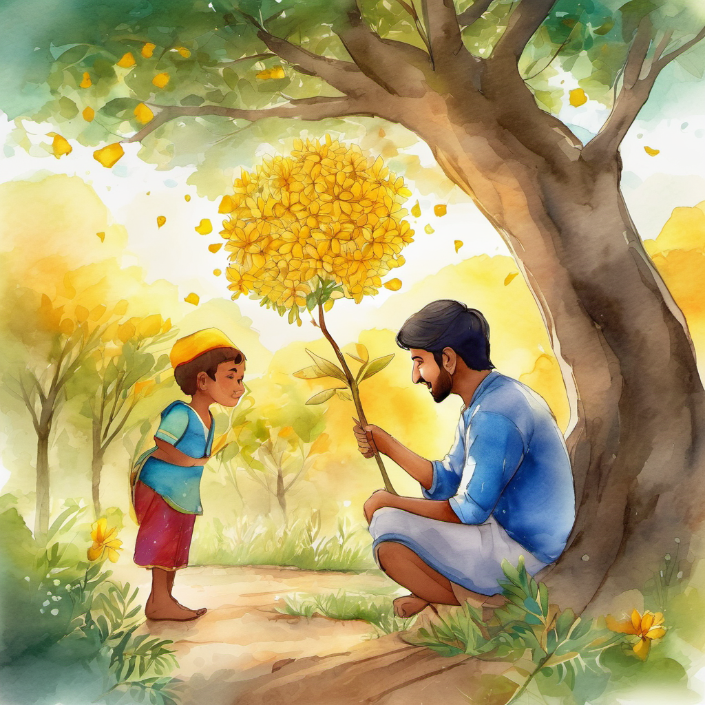 Carefully, they placed the golden flower near the magical tree. Instantly, a bright light enveloped the tree, as it started regaining its lost magic. The village filled with laughter, smiles, and love once again. Raghav hugged Rohit tightly, full of pride for his brave and compassionate son. "You have brought back joy to the village, my dear Rohit. Always remember, bravery, kindness, and determination can make anything possible."