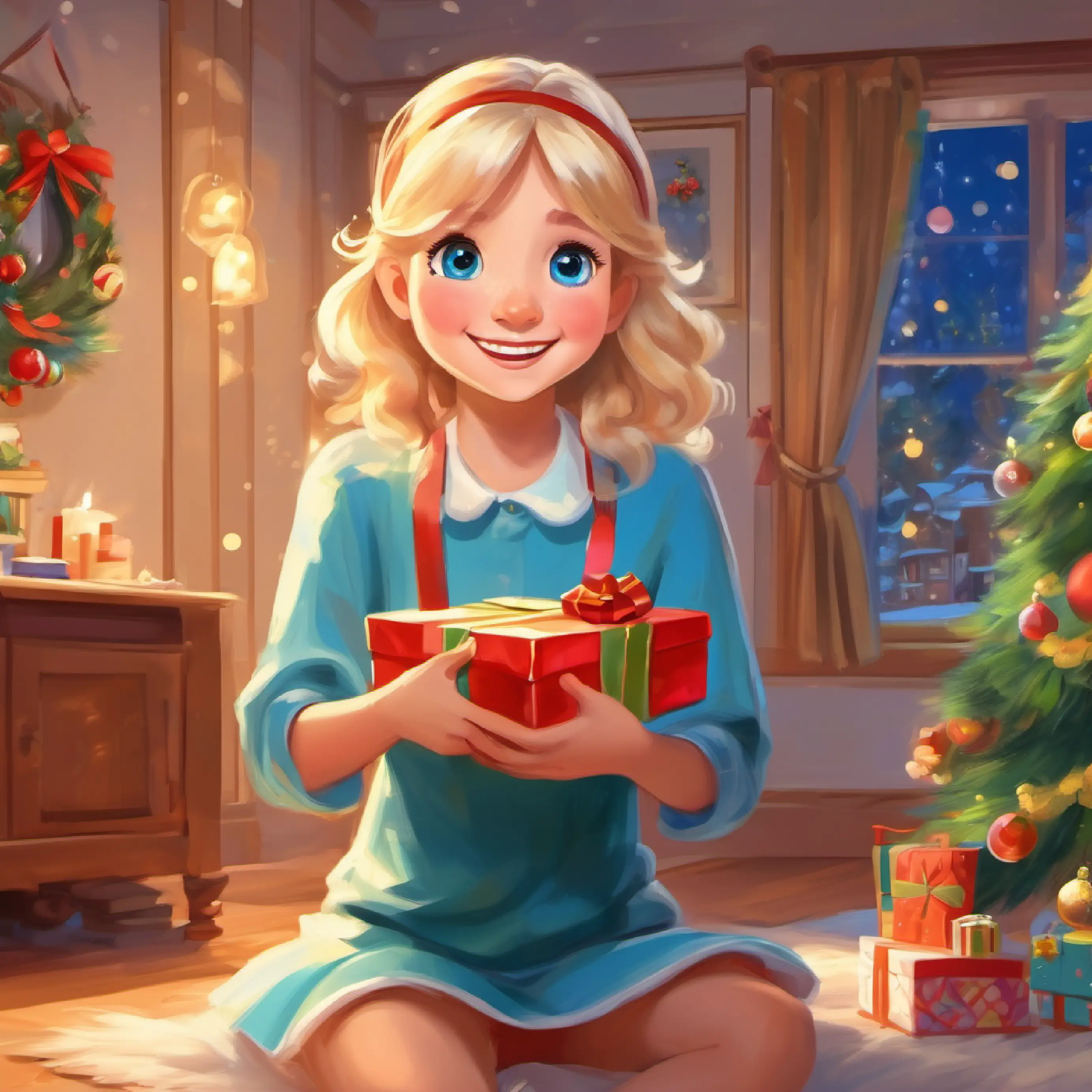 Introduces main character Main character, cheerful girl, blonde hair, blue eyes on her birthday morning, excited in her room.