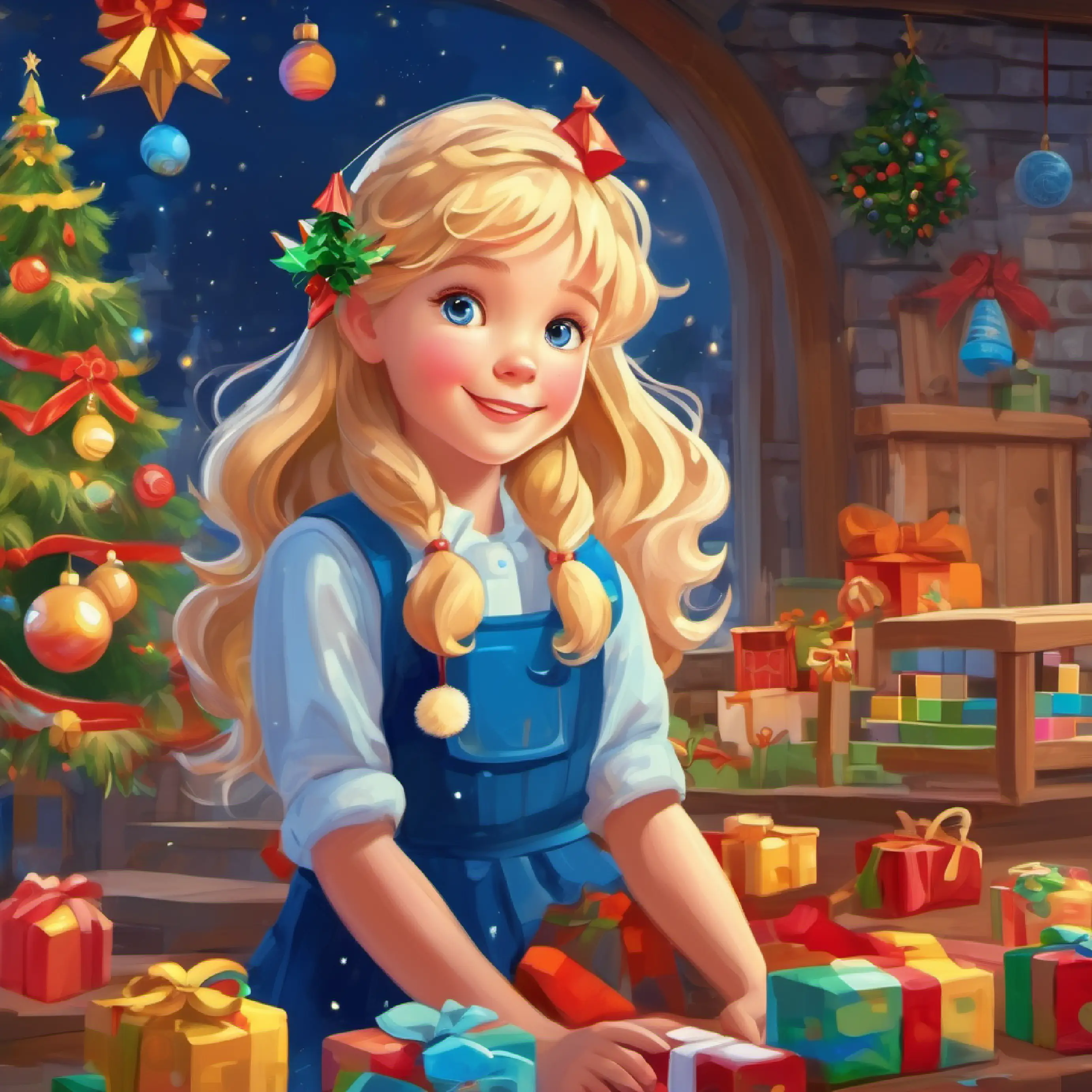 Main character, cheerful girl, blonde hair, blue eyes wishing for a special toy, dreaming about a construction set.
