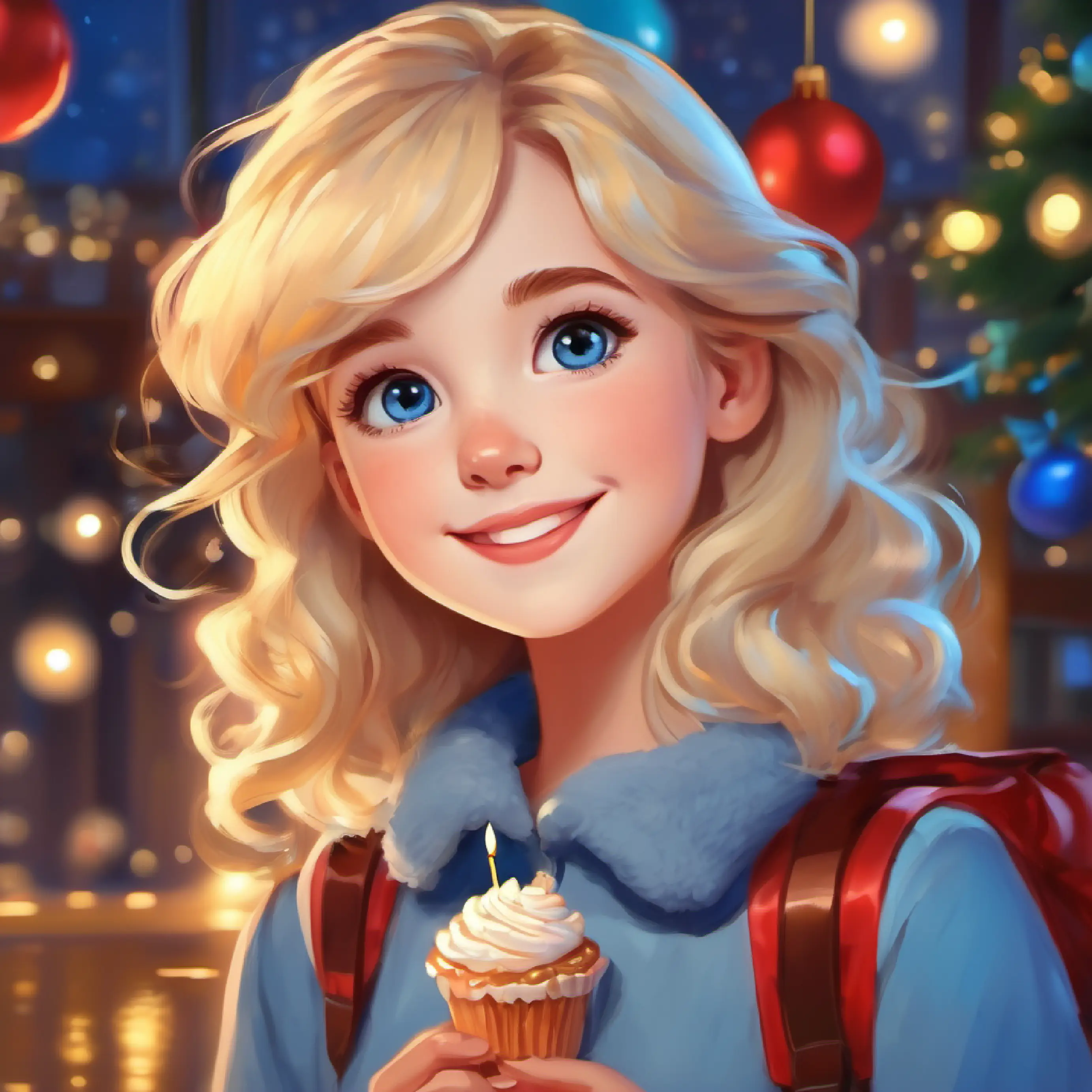 End of the day, Main character, cheerful girl, blonde hair, blue eyes thanks her friends for the best birthday.