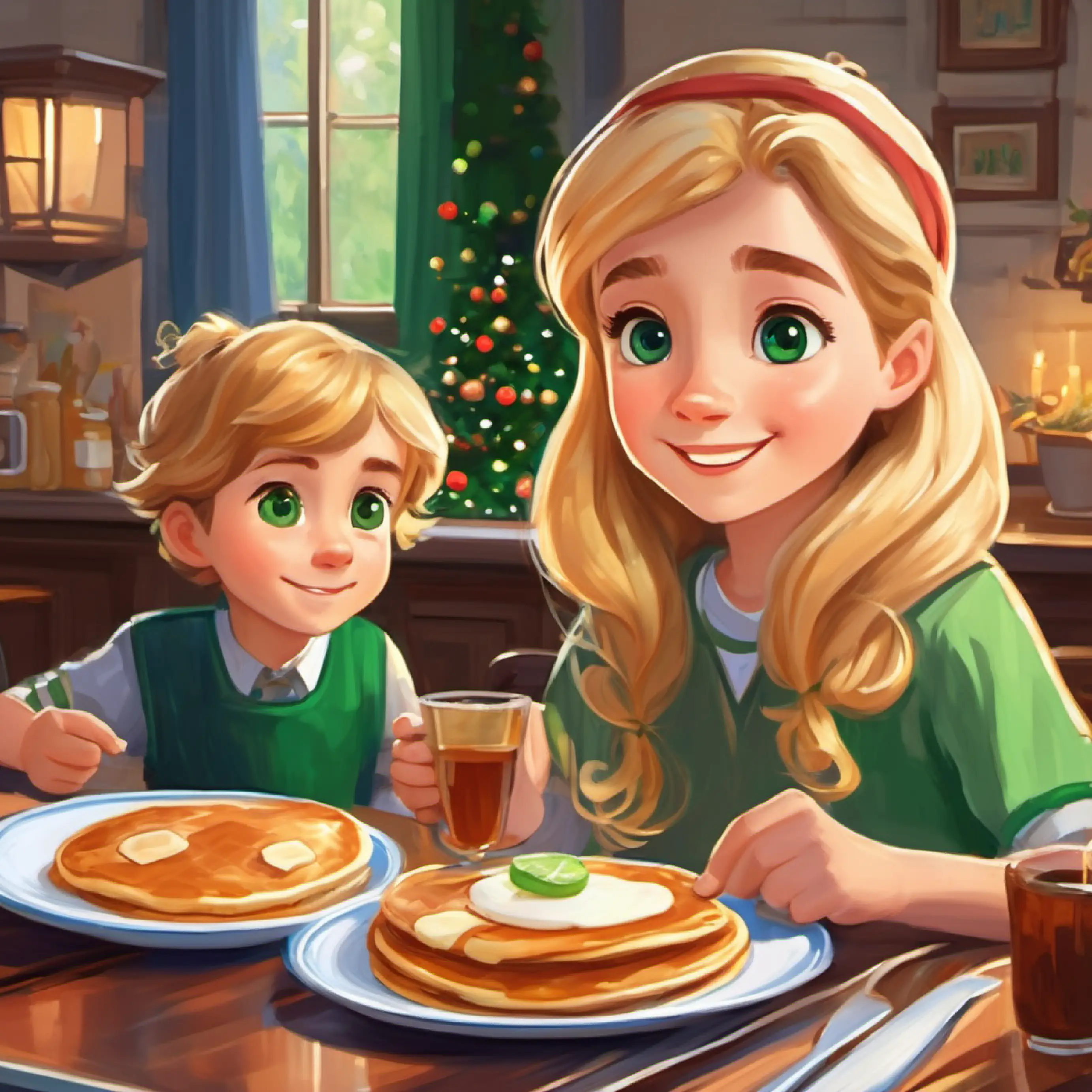 Main character, cheerful girl, blonde hair, blue eyes and Lena's helpful brother, brown hair, green eyes having pancakes for breakfast, Lena's helpful brother, brown hair, green eyes proposes playing football afterward.