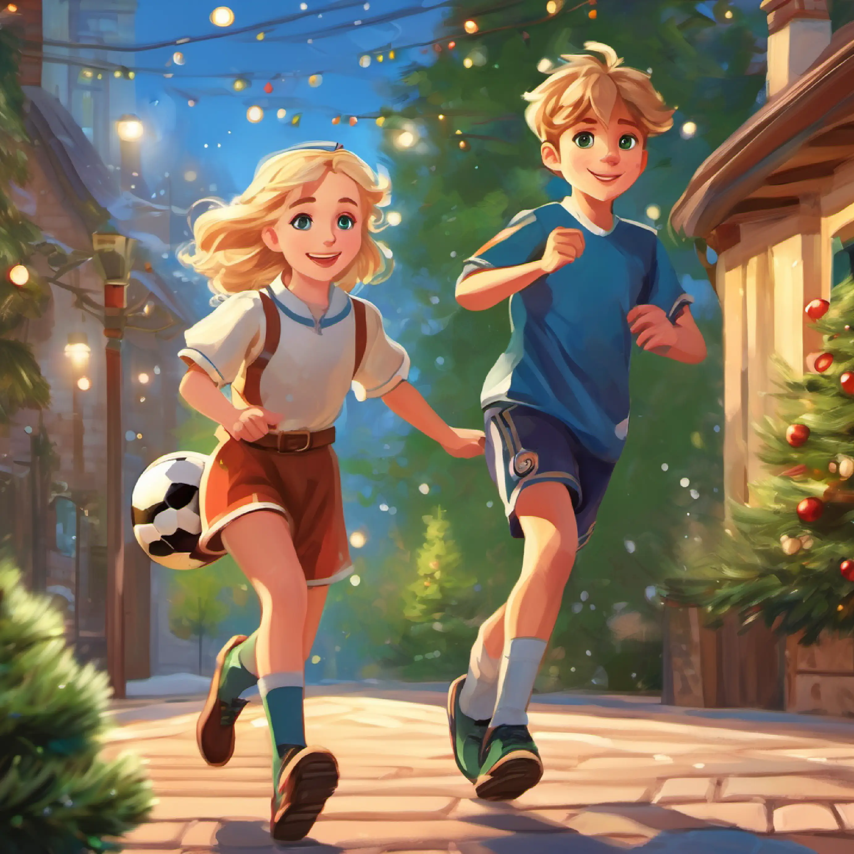 Main character, cheerful girl, blonde hair, blue eyes and Lena's helpful brother, brown hair, green eyes playing football outside, Lena's helpful brother, brown hair, green eyes teaching Main character, cheerful girl, blonde hair, blue eyes.