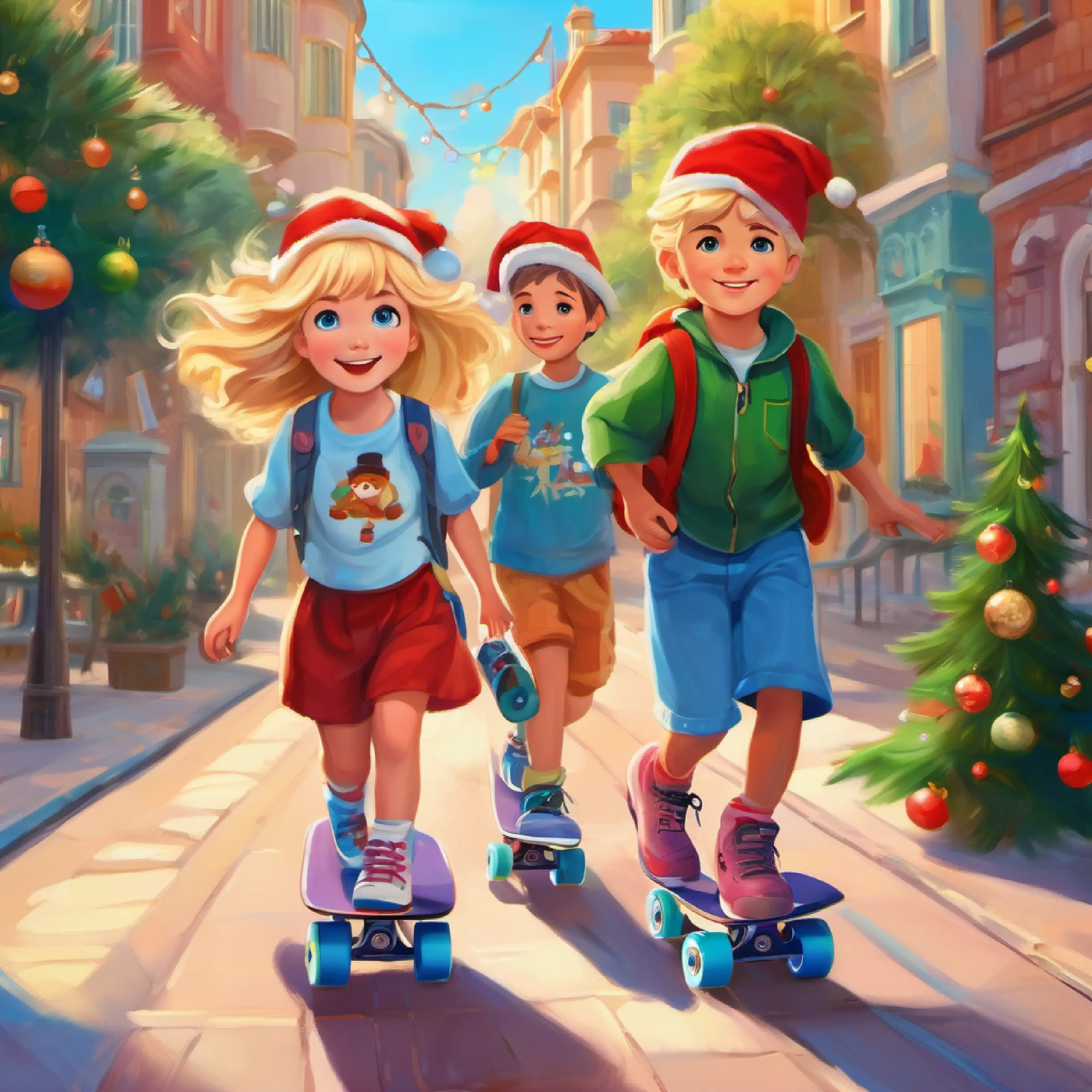 Main character, cheerful girl, blonde hair, blue eyes's friends arriving, Mia wearing roller skates and Jonas with his skateboard.