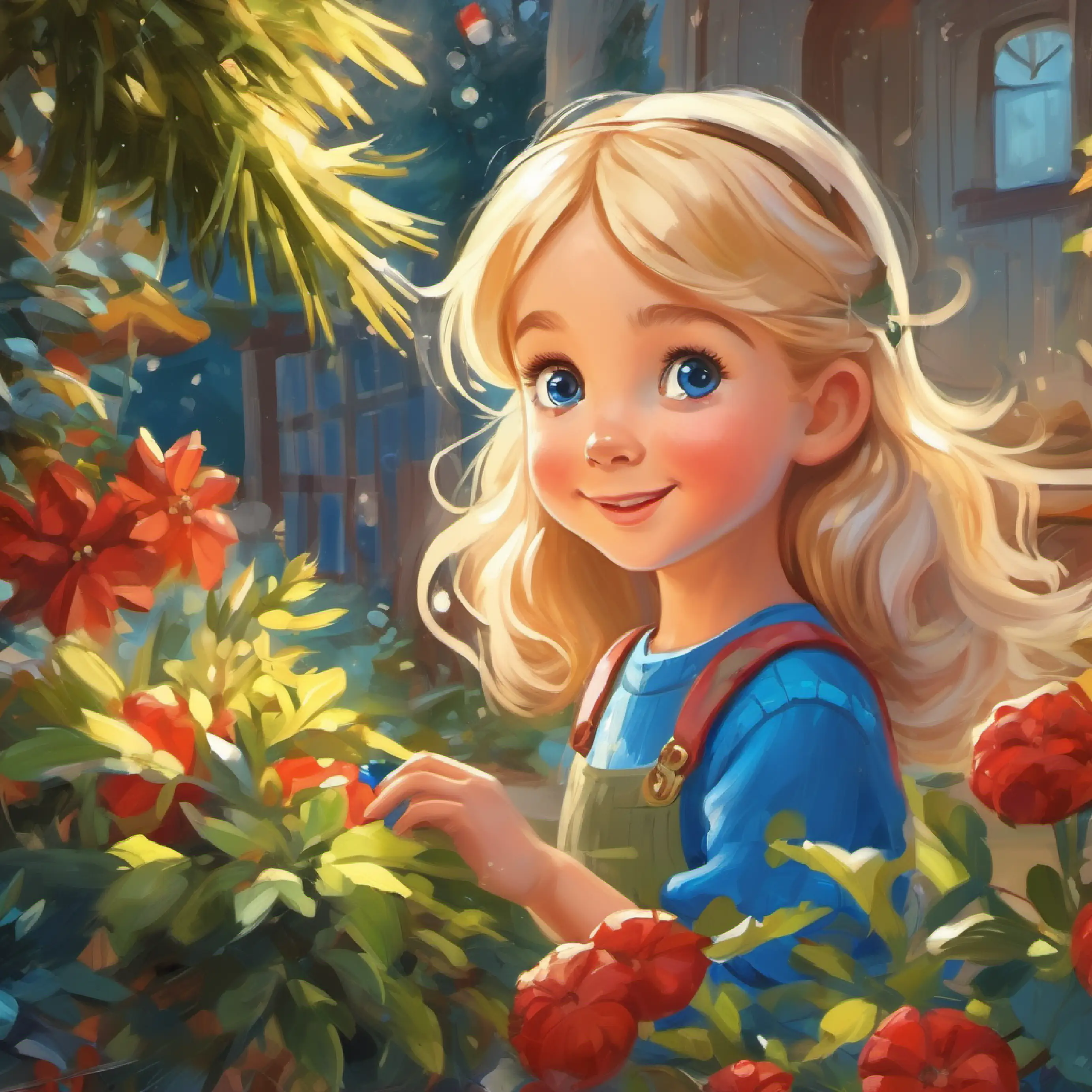 All children playing in the garden, Main character, cheerful girl, blonde hair, blue eyes frequently checks the time for a surprise.