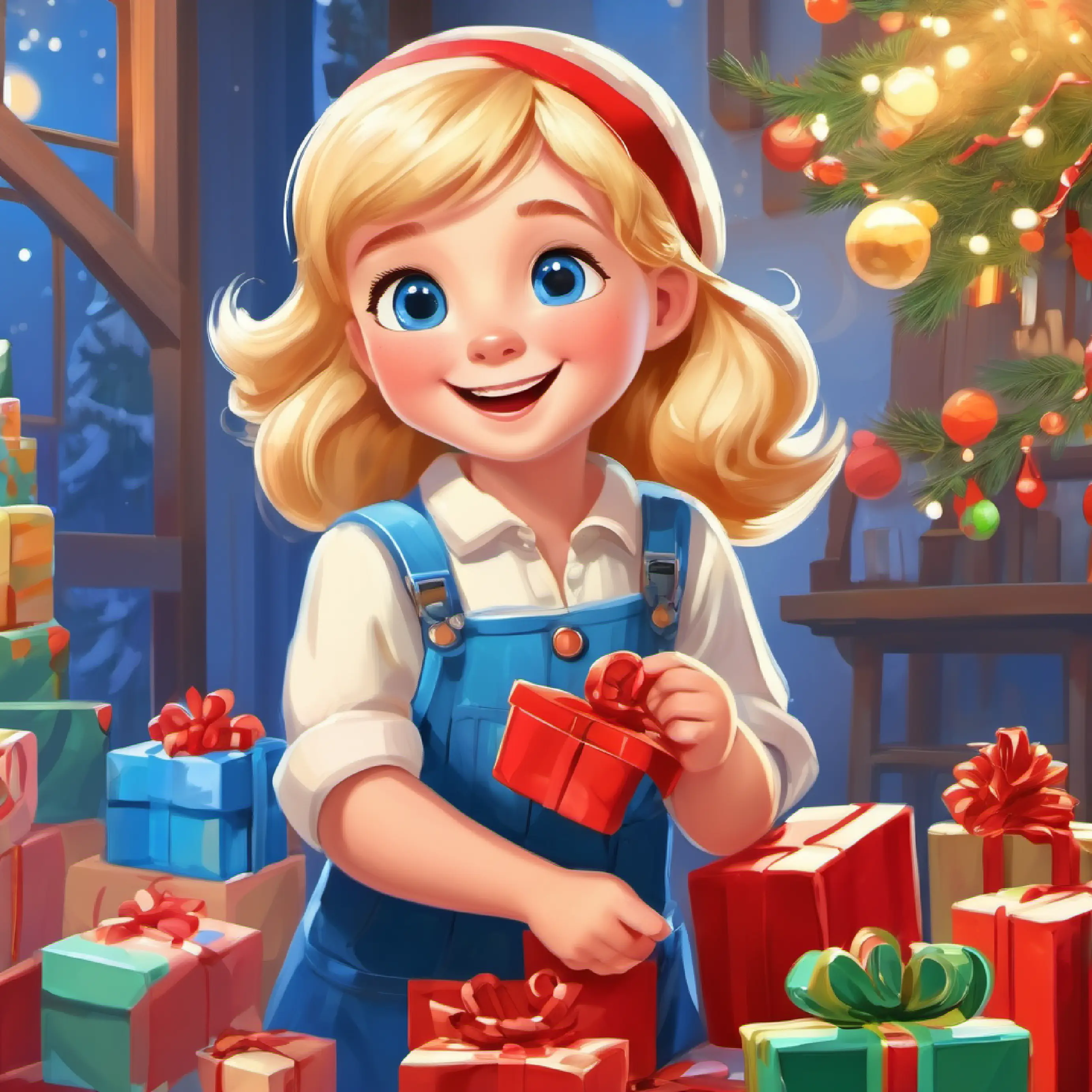Main character, cheerful girl, blonde hair, blue eyes's mom surprises her with a big construction set, Main character, cheerful girl, blonde hair, blue eyes is overjoyed.