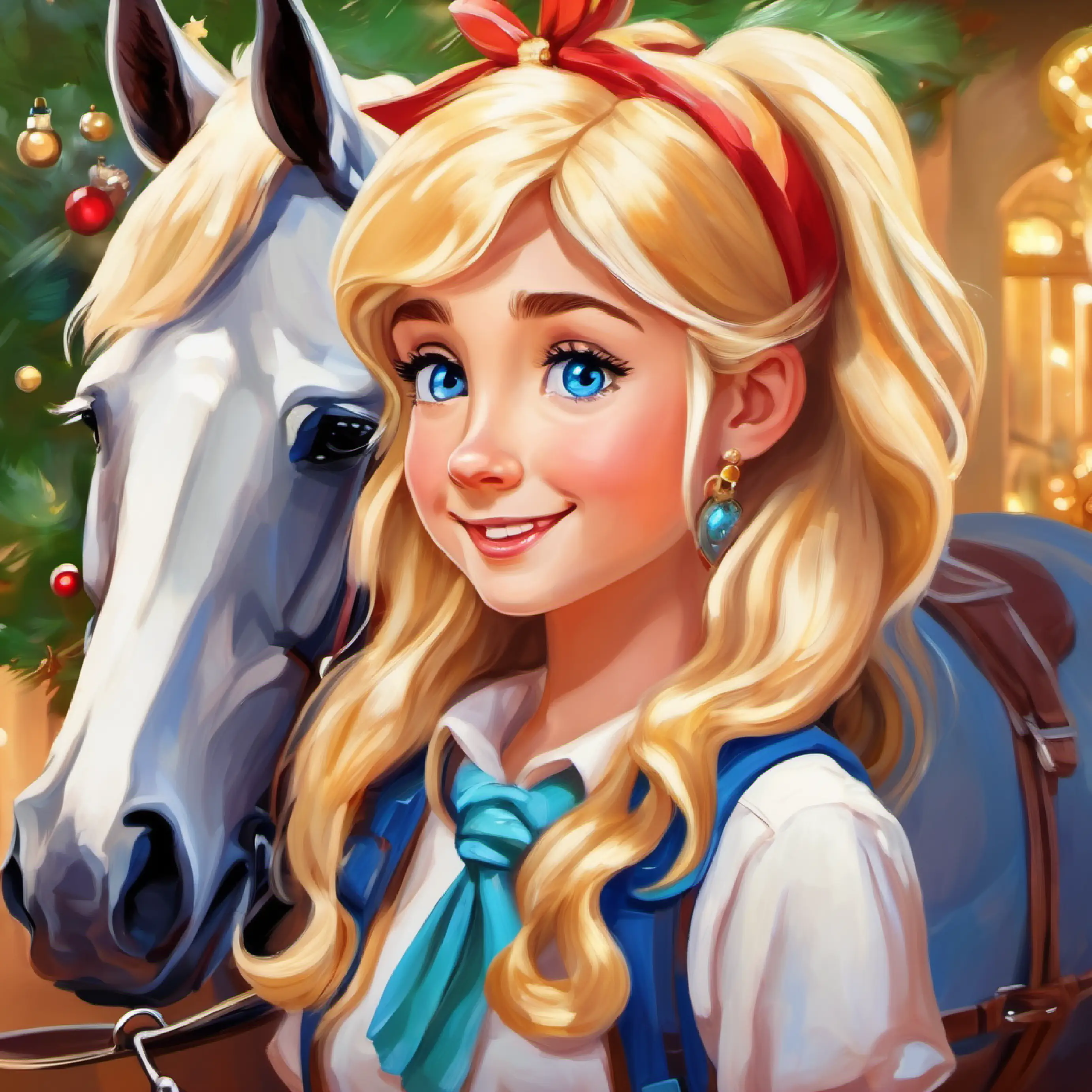 Mia showing Main character, cheerful girl, blonde hair, blue eyes her new pony earrings, telling a story about horses.