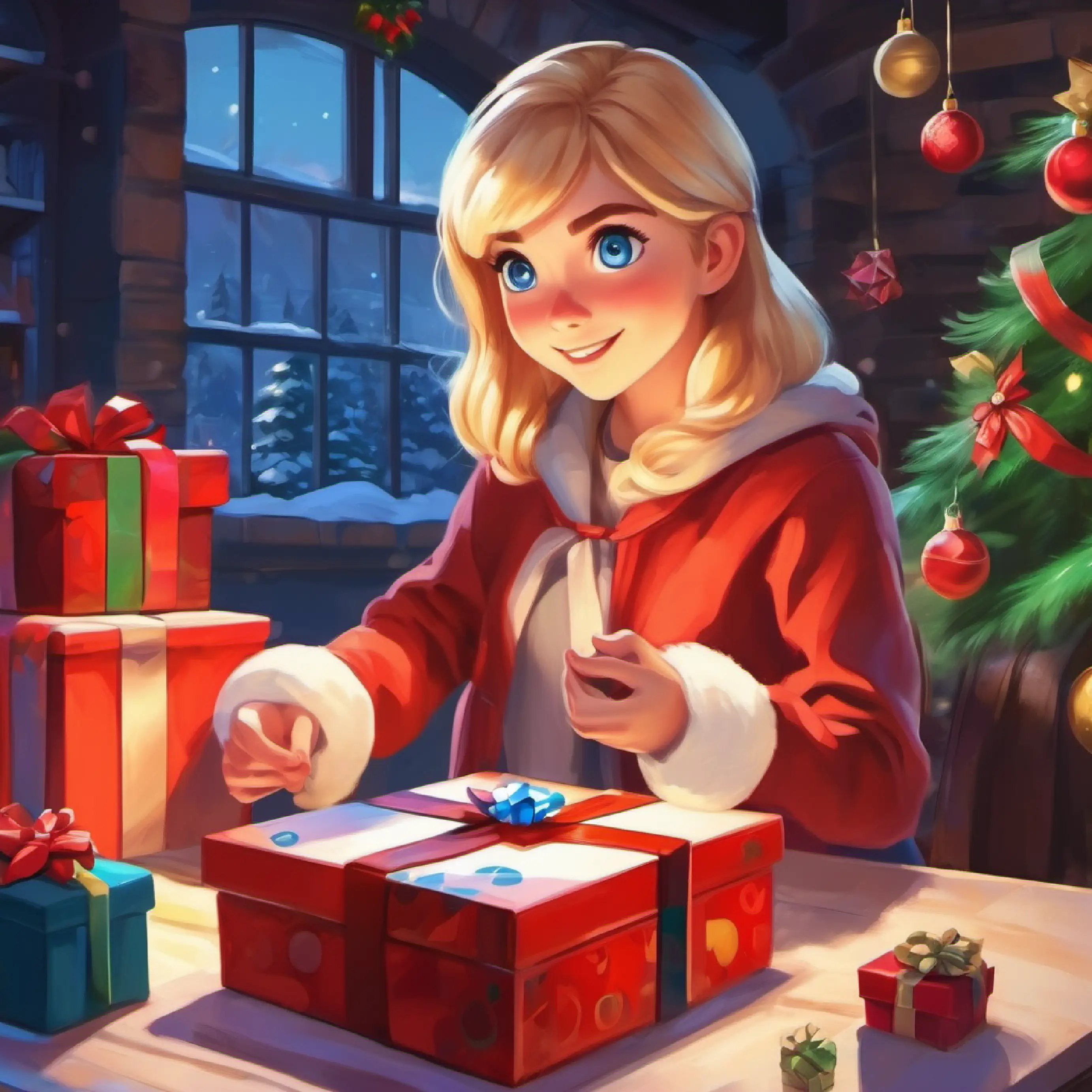 Main character, cheerful girl, blonde hair, blue eyes discovering a video game gift on the present table, an adventure game she wanted.