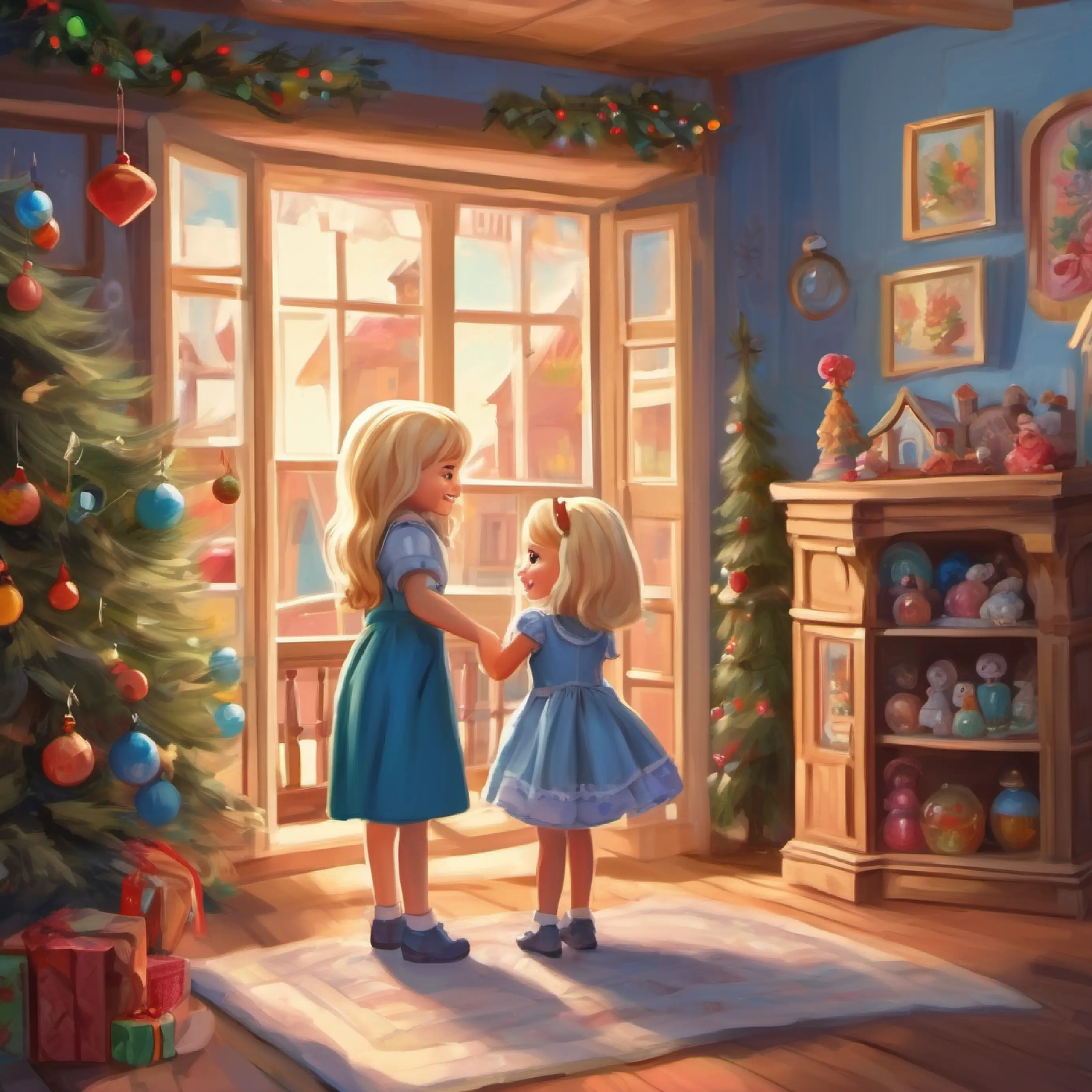 Main character, cheerful girl, blonde hair, blue eyes finds a doll next to a dollhouse, happy for the doll to have a home.