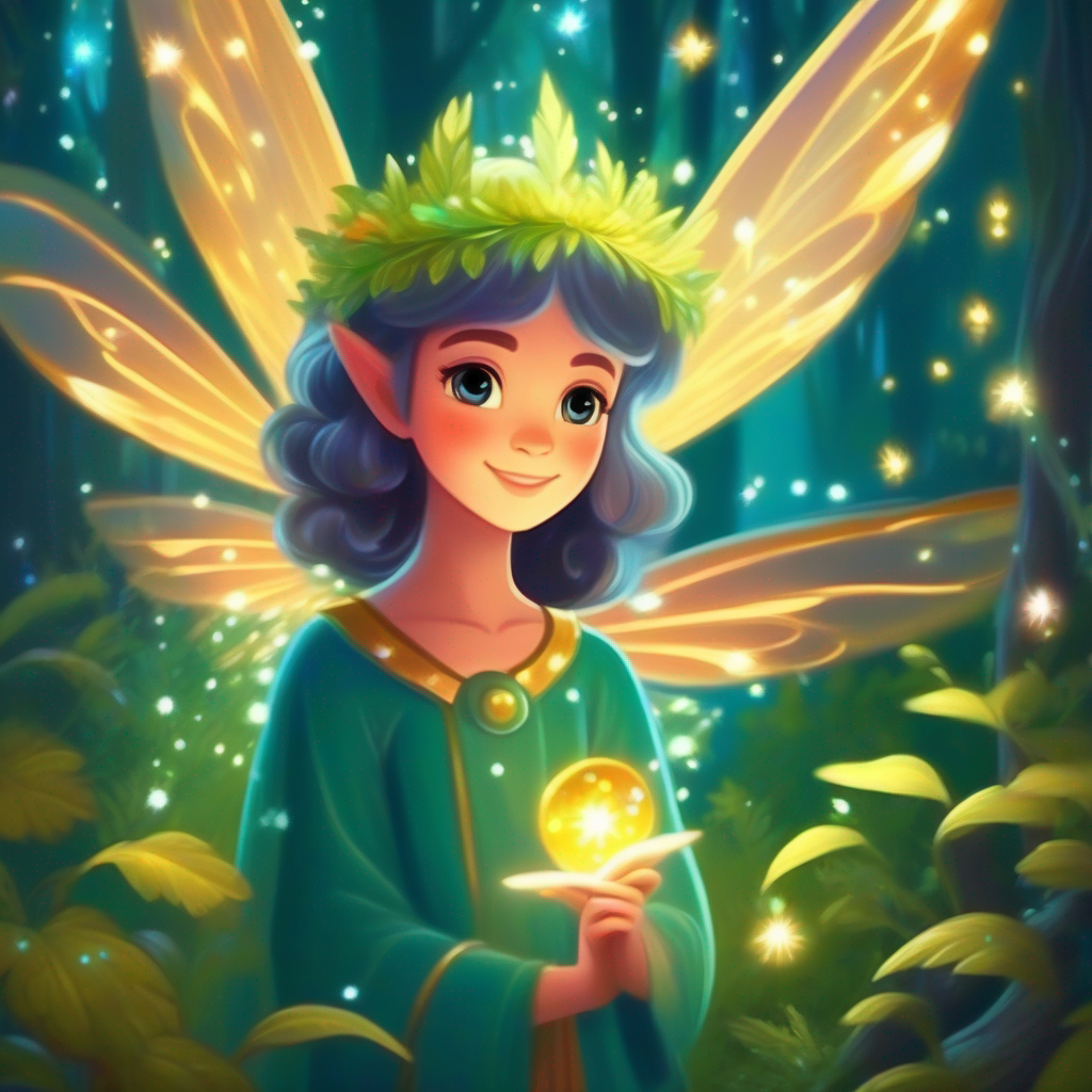 Kind fairy with sparkling wings, a kind fairy with sparkling wings, lives in a magical forest.