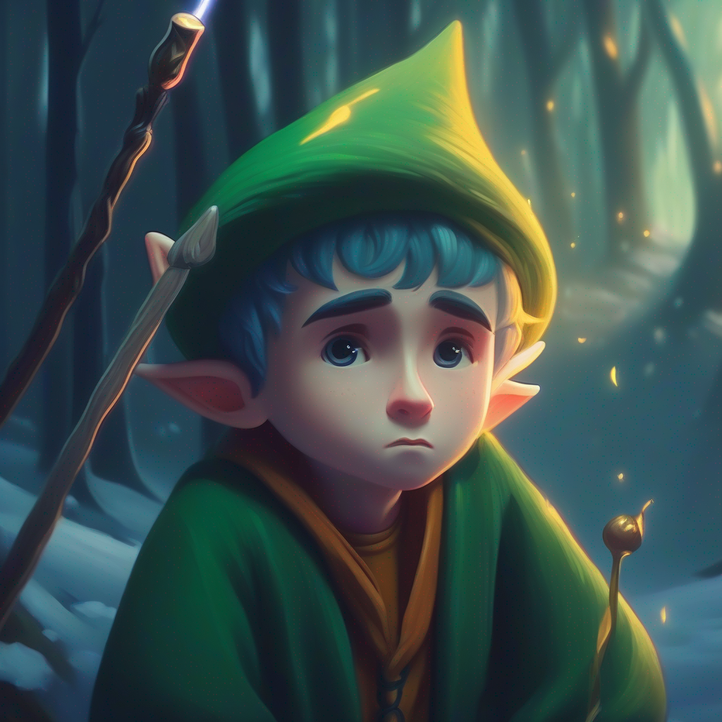 Sad elf named Sad little elf lost his magical wand.