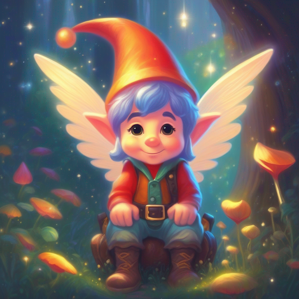 Friendly gnome named Friendly gnome joins Kind fairy with sparkling wings and Sad little elf's search.