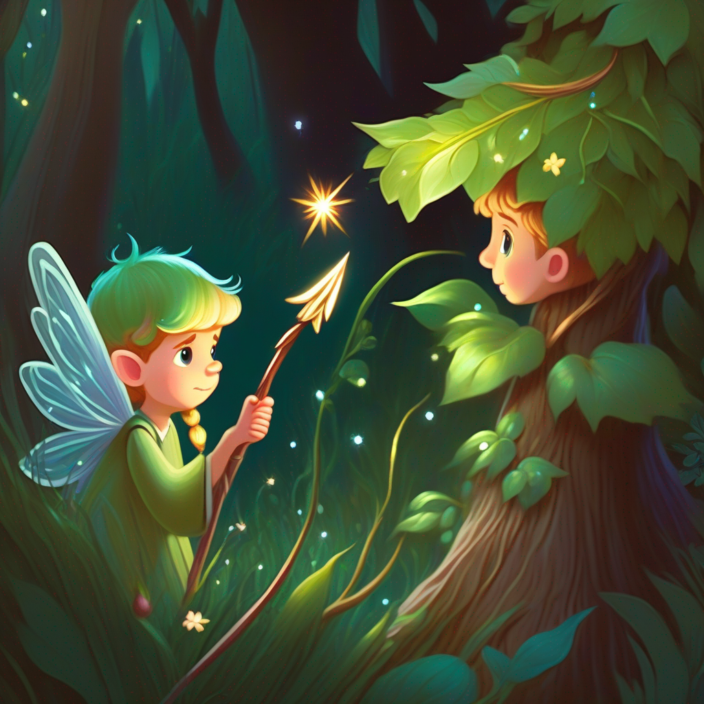 Kind fairy with sparkling wings finds Sad little elf's wand behind a bush.