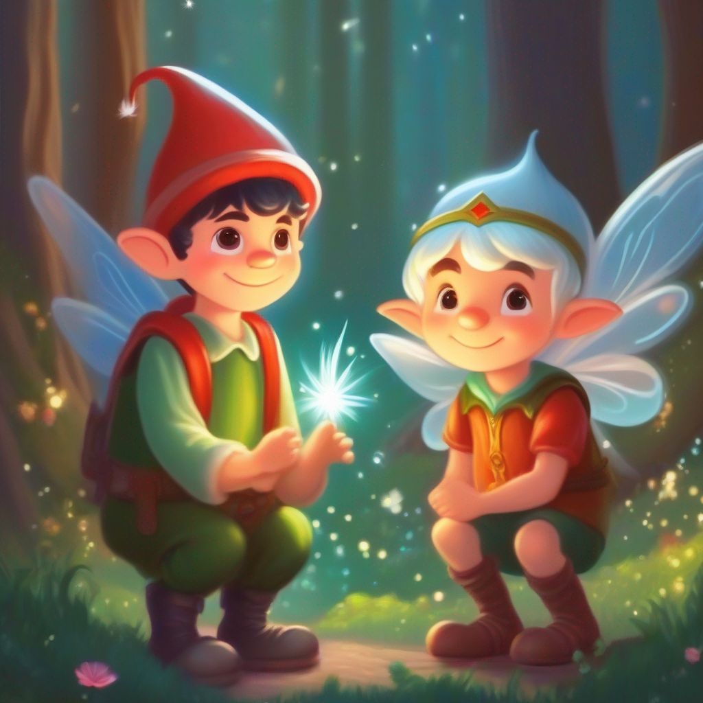 Kind fairy with sparkling wings, Sad little elf, and Friendly gnome become best friends and help others.