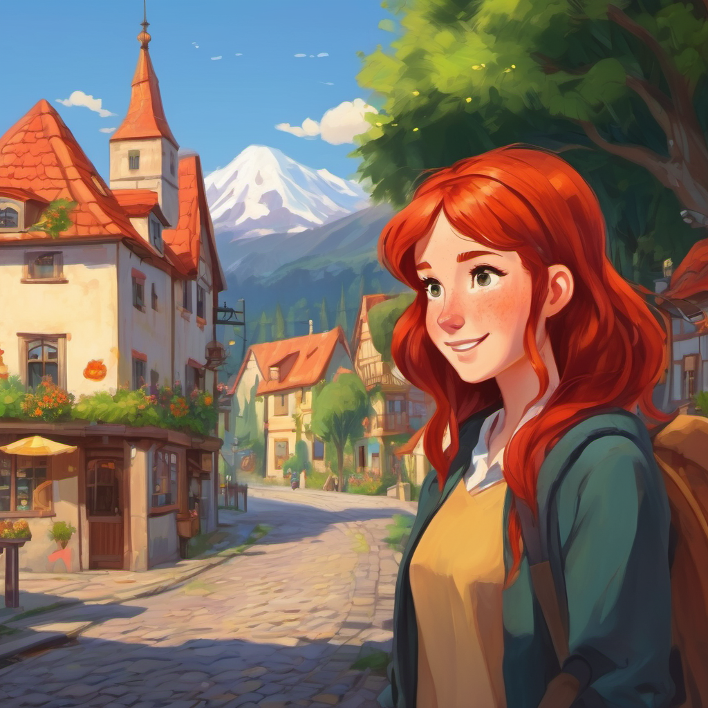 Fiery red hair and freckles, creative spirit and Unruly brown hair, mischievous grin, curious heart standing in front of their small town