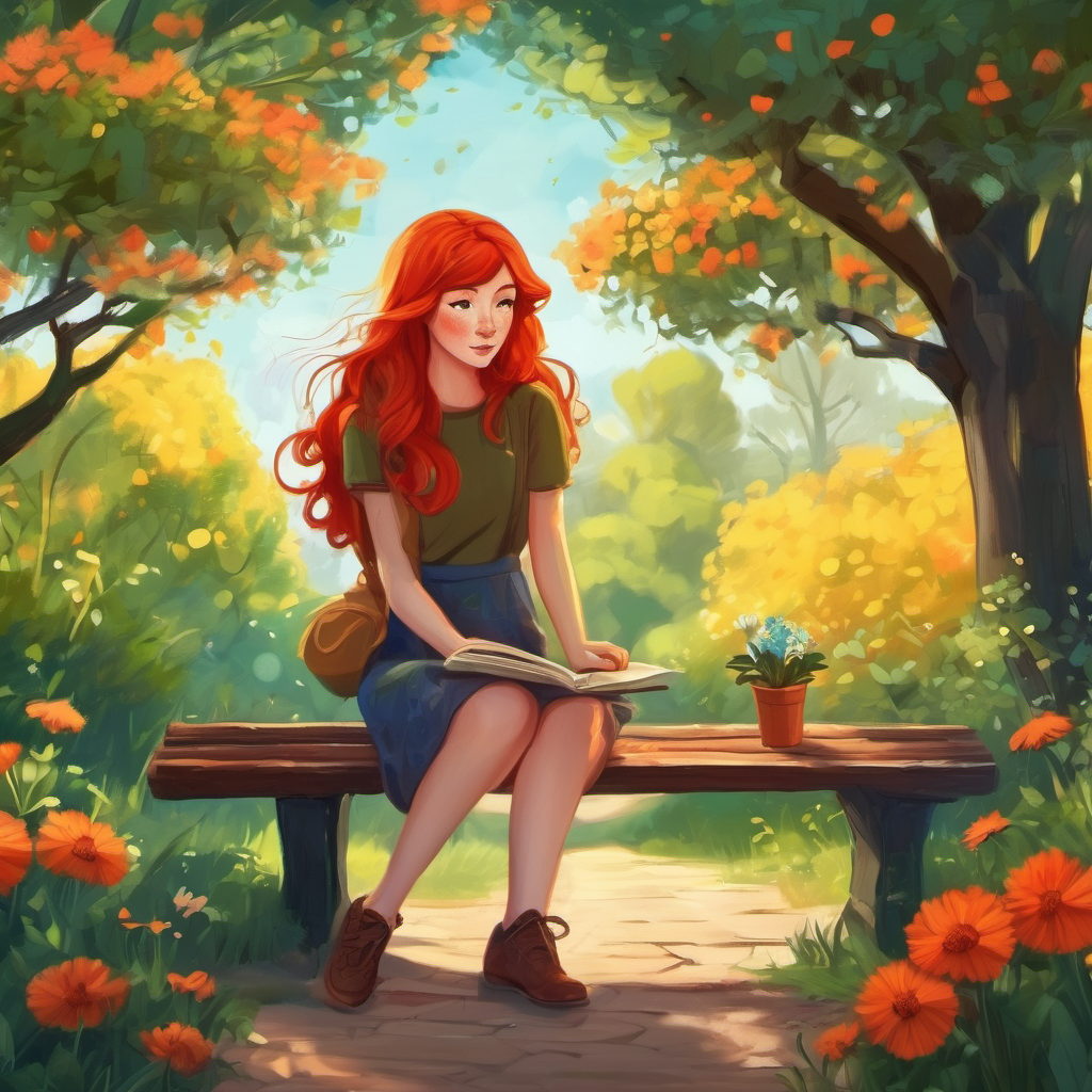 Fiery red hair and freckles, creative spirit sitting on a bench, drawing trees and flowers