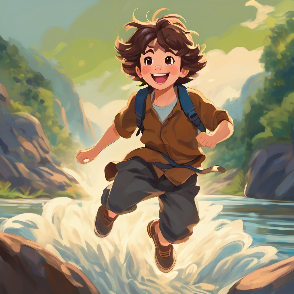 Unruly brown hair, mischievous grin, curious heart jumping off a rock into a river with a big smile