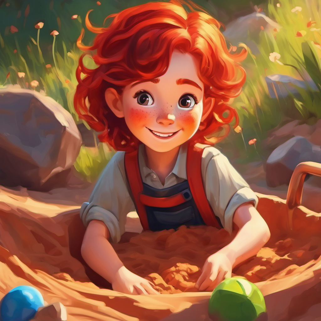 Fiery red hair and freckles, creative spirit and Unruly brown hair, mischievous grin, curious heart playing in a sandbox with toys