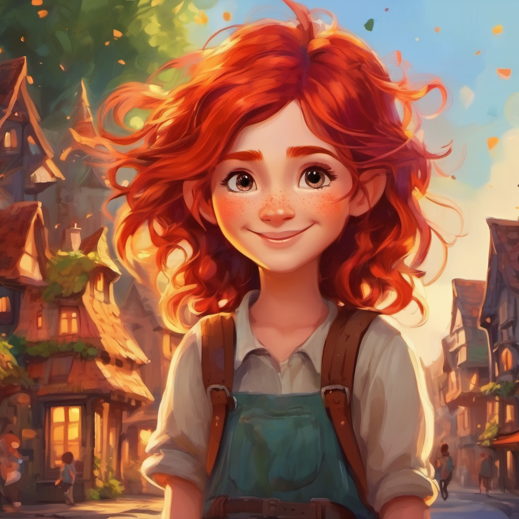 Fiery red hair and freckles, creative spirit and Unruly brown hair, mischievous grin, curious heart imagining fairies and trolls in the town