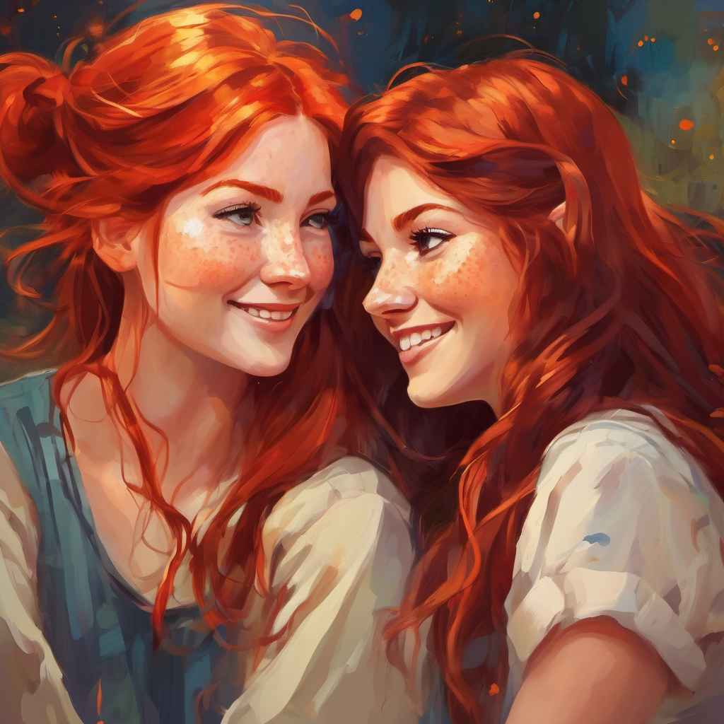 Fiery red hair and freckles, creative spirit and Unruly brown hair, mischievous grin, curious heart whispering secrets to each other