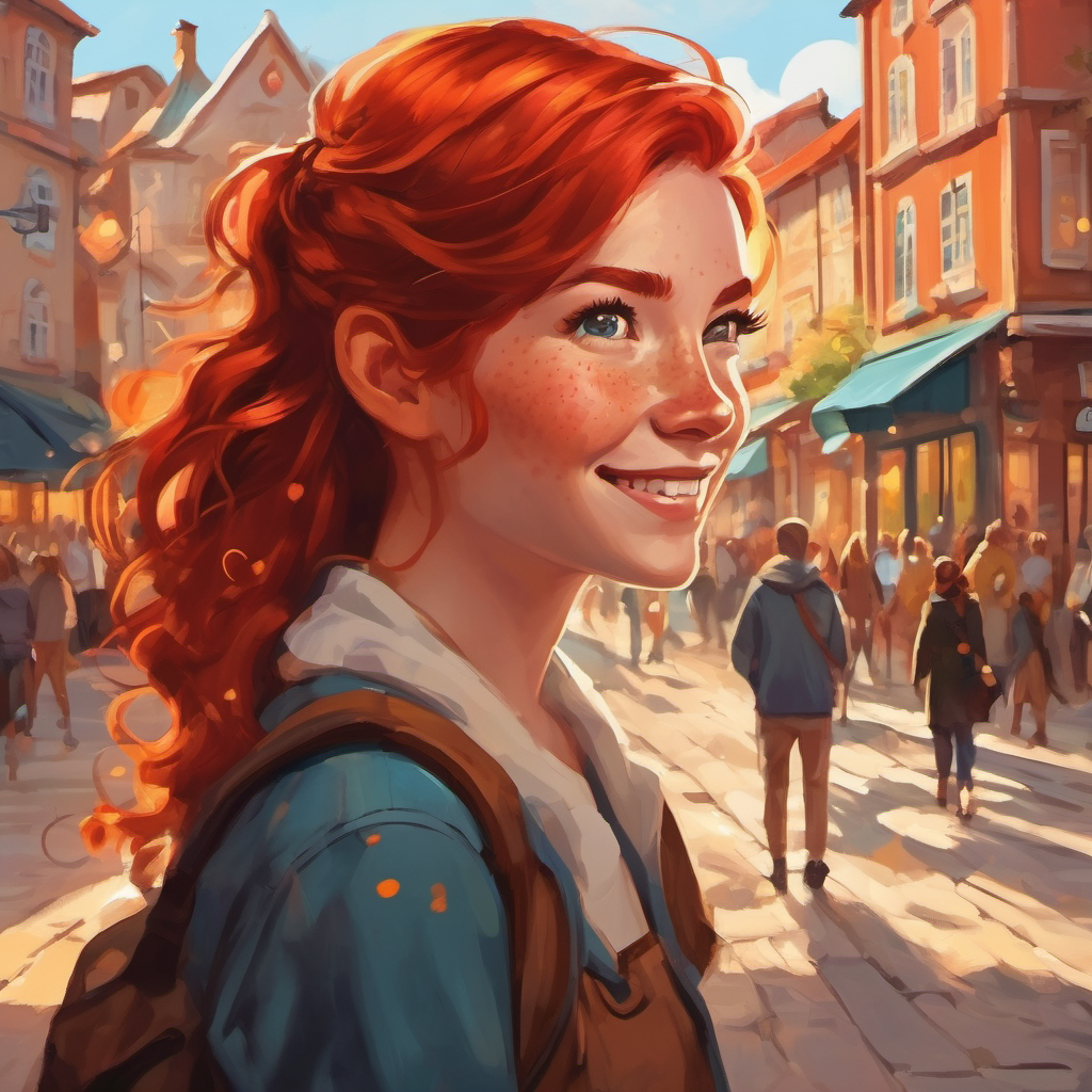 Fiery red hair and freckles, creative spirit and Unruly brown hair, mischievous grin, curious heart surrounded by happy people in the town