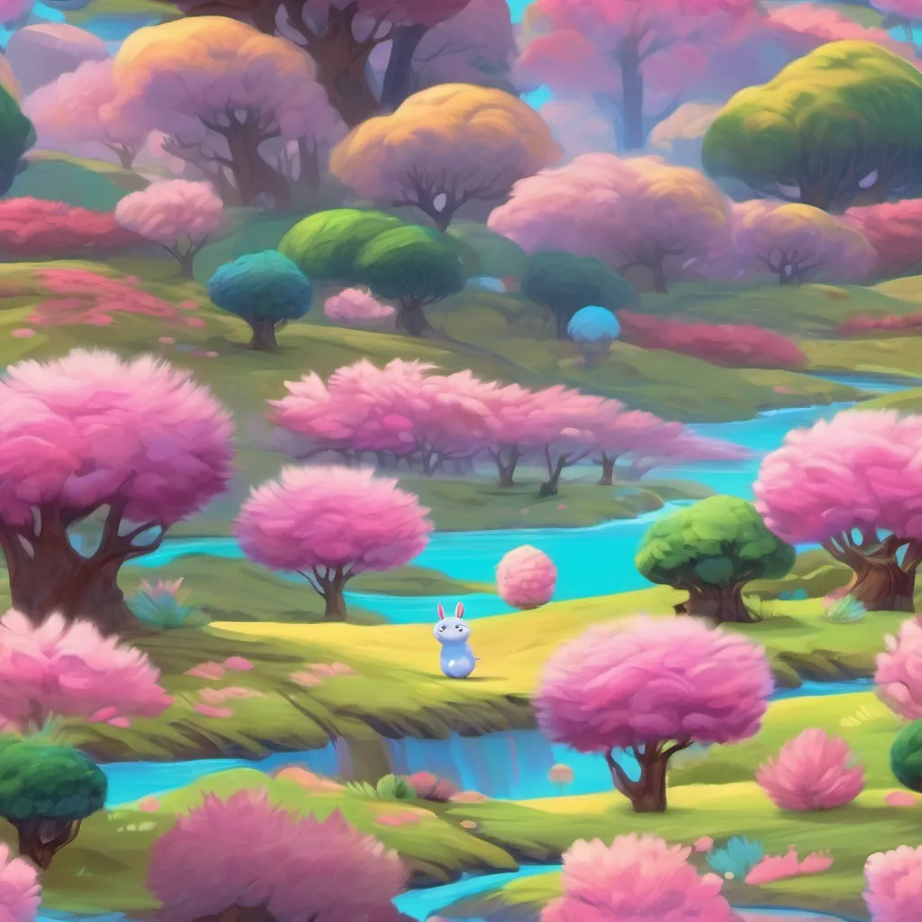 A fantastical land with pink skies and blue rivers, featuring A fluffy, round character with colorful fur and a playful smile, a fluffy fluffball character.