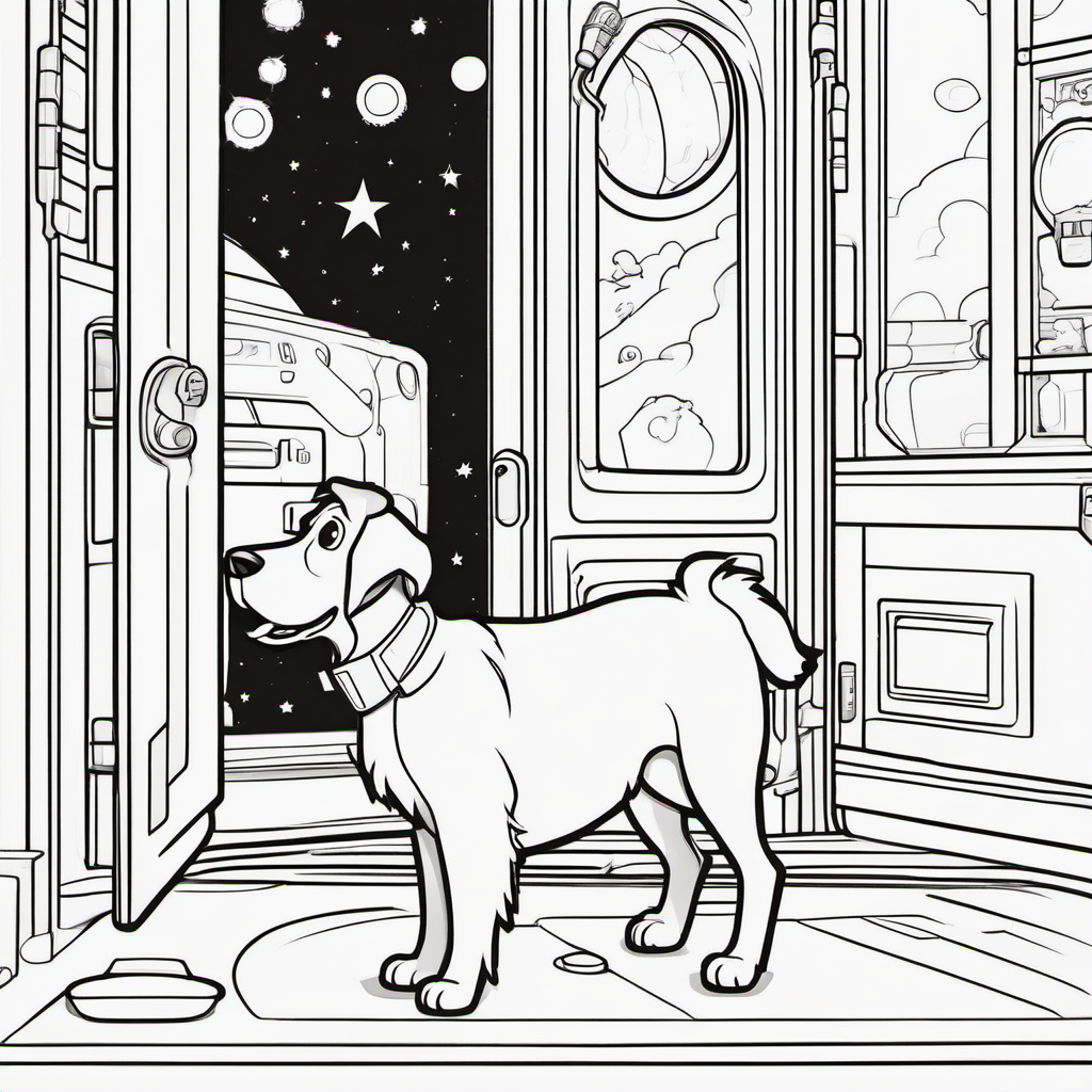 A brown and white dog with floppy ears and a wagging tail exploring the spaceship and entering through the open door, with the spaceship rumbling and the closed door behind him.