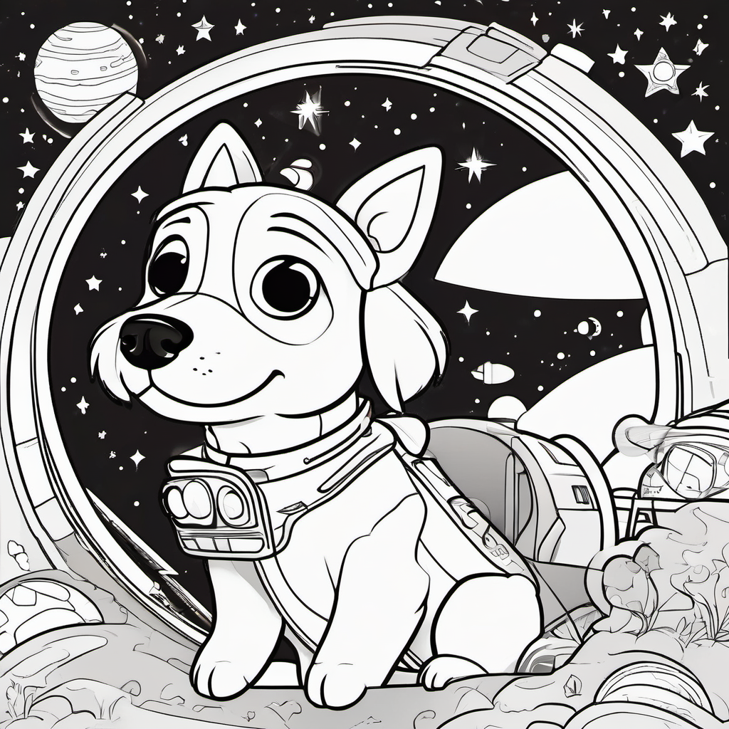 A brown and white dog with floppy ears and a wagging tail looking out of the spaceship window at twinkling stars and colorful planets.