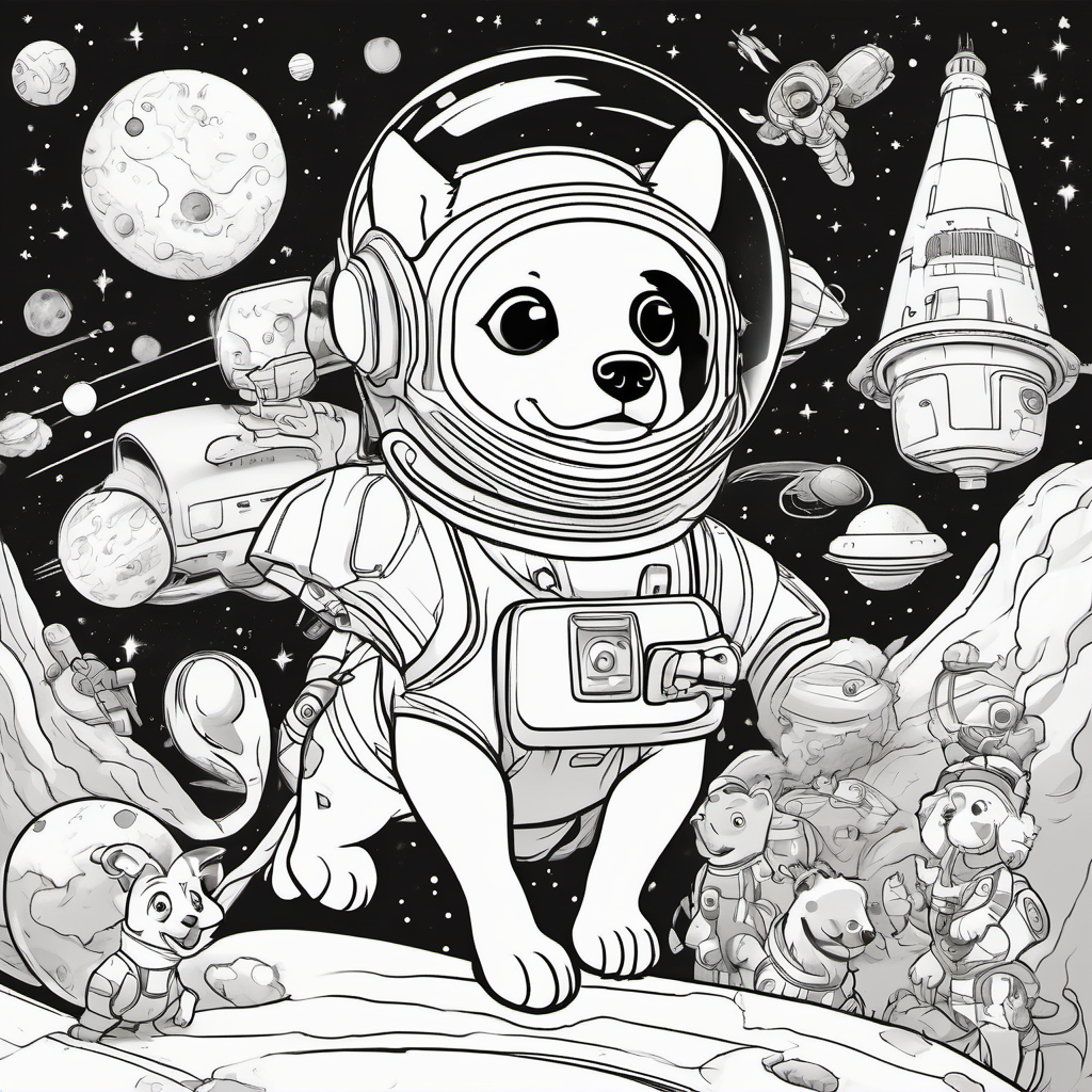 A brown and white dog with floppy ears and a wagging tail meeting friendly aliens who are green blobs, wearing a space helmet, and floating in zero gravity.