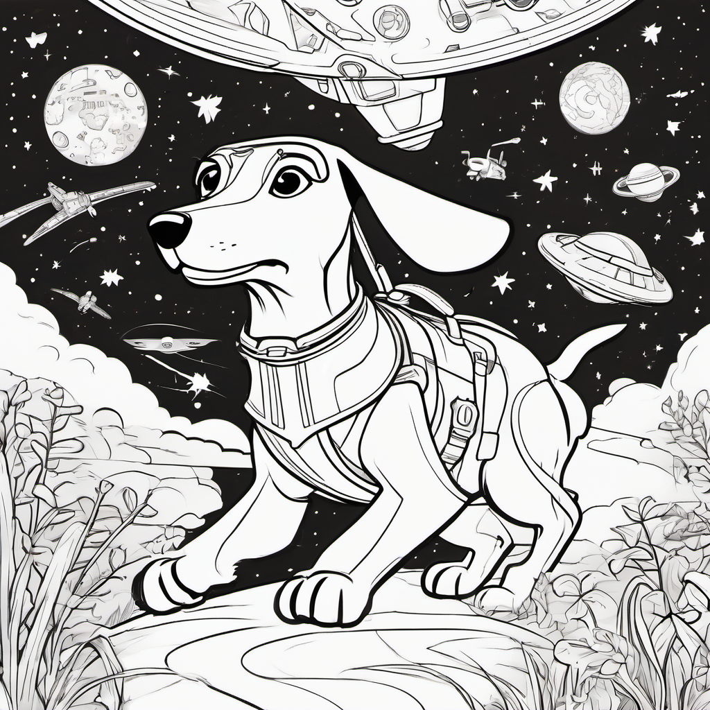 A brown and white dog with floppy ears and a wagging tail with the aliens in the spaceship, flying back to Earth and landing in his own backyard.