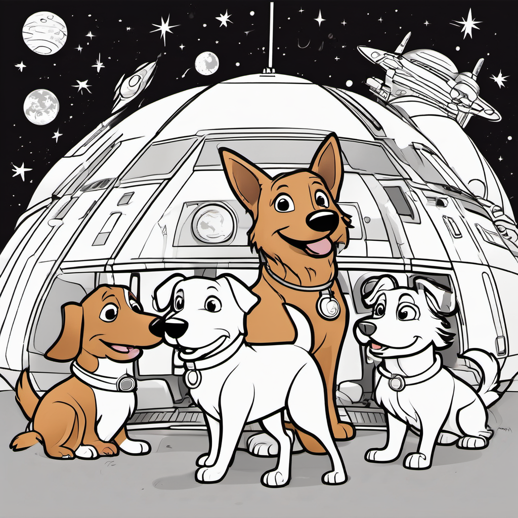 A brown and white dog with floppy ears and a wagging tail stepping out of the spaceship with his family and friends waiting for him, all smiling and happy.