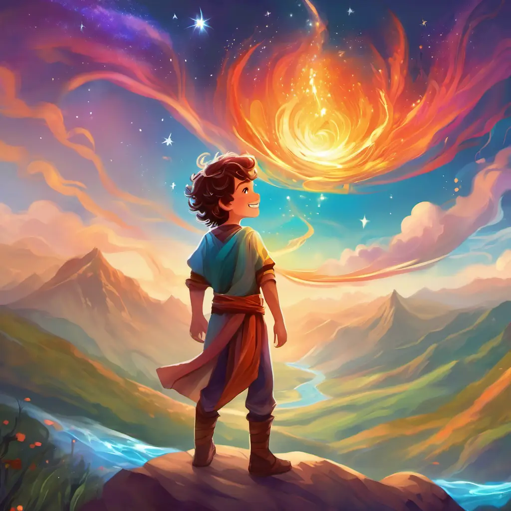 A colorful illustration of Brave, 8-year-old boy with a joyful smile and twinkling eyes standing on a hill, surrounded by swirling air, flowing water, flickering fire, and solid earth.