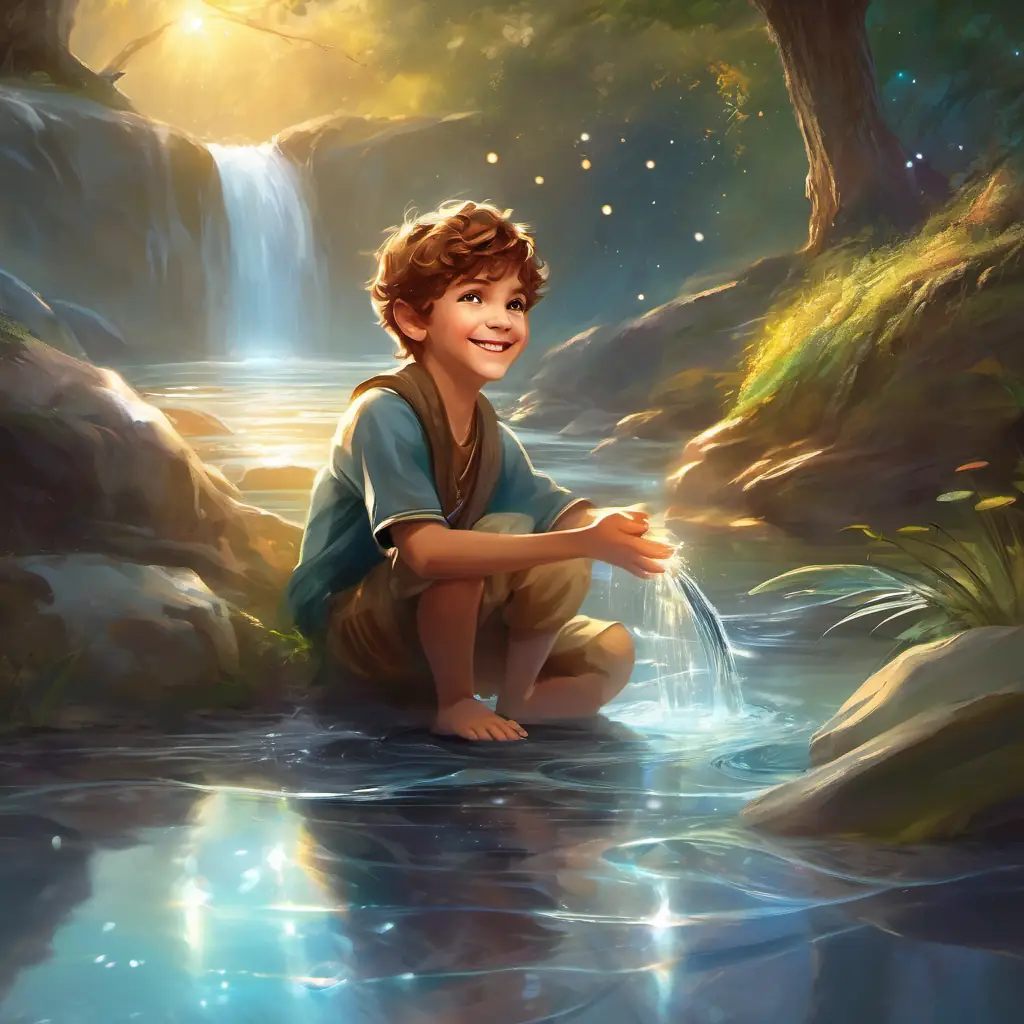 Brave, 8-year-old boy with a joyful smile and twinkling eyes crouching beside a sparkling stream, with water flowing around his hands and forming gentle waves.