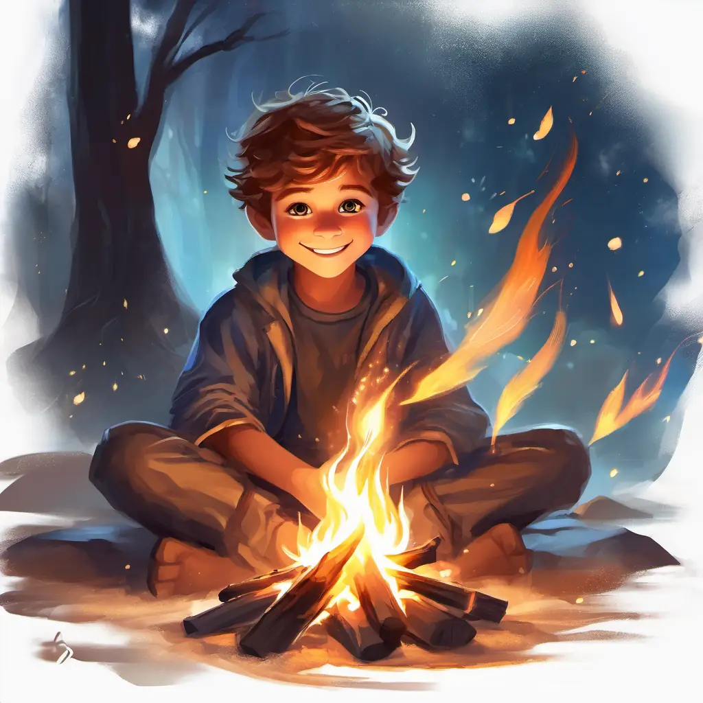 Brave, 8-year-old boy with a joyful smile and twinkling eyes sitting by a campfire, holding his palm towards the flames, with sparks and warmth surrounding him.