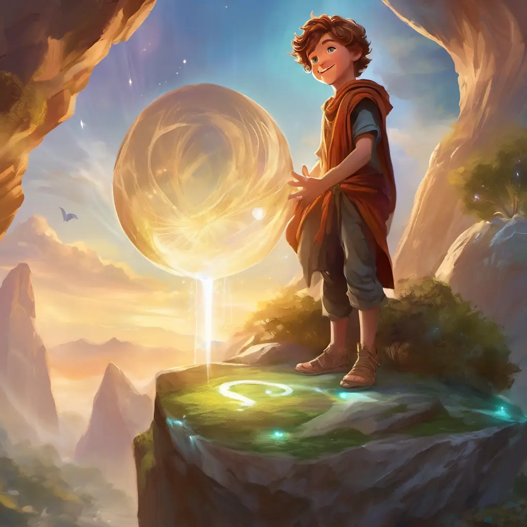 Brave, 8-year-old boy with a joyful smile and twinkling eyes shaping a large rock into a magnificent statue with his hands and earth swirling around him.