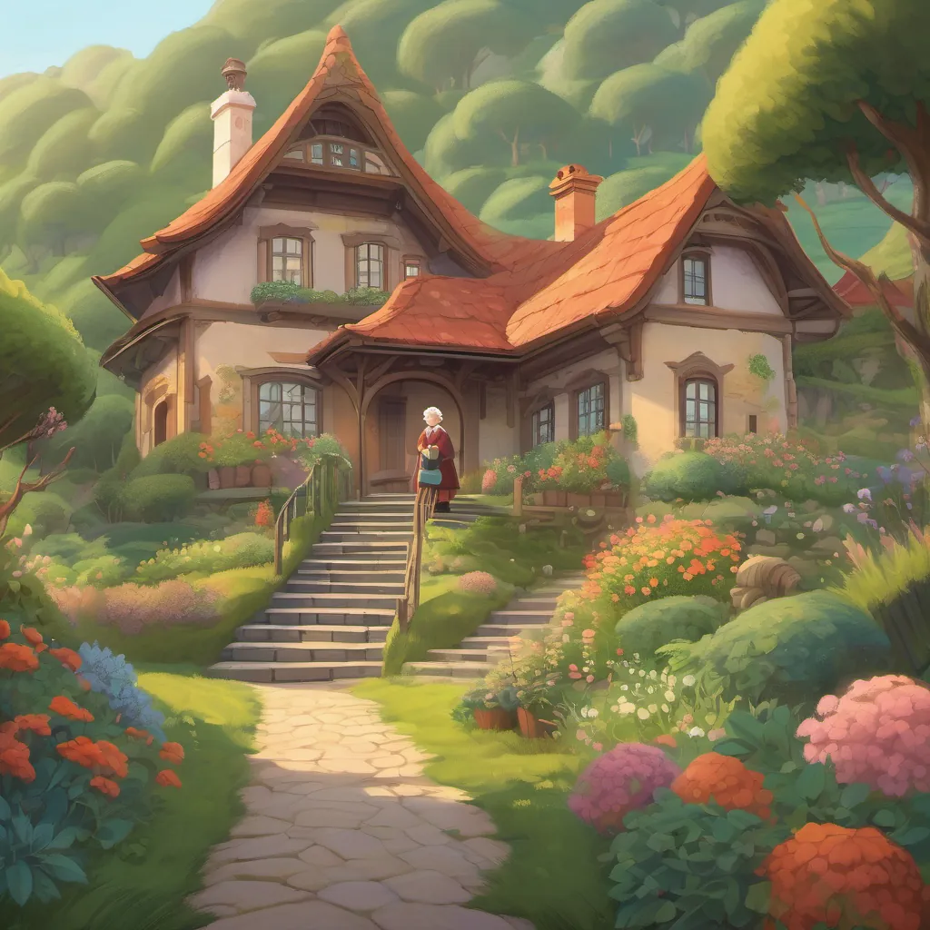 A whimsical illustration of an old woman in a cozy, big house on a hill with a grand garden.