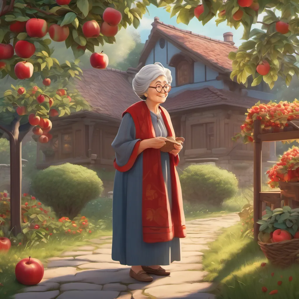 The old woman named An old wise woman with grey hair, glasses, a warm smile, and a garden dress, living in a cozy big house is thinking under an apple tree full of red apples.