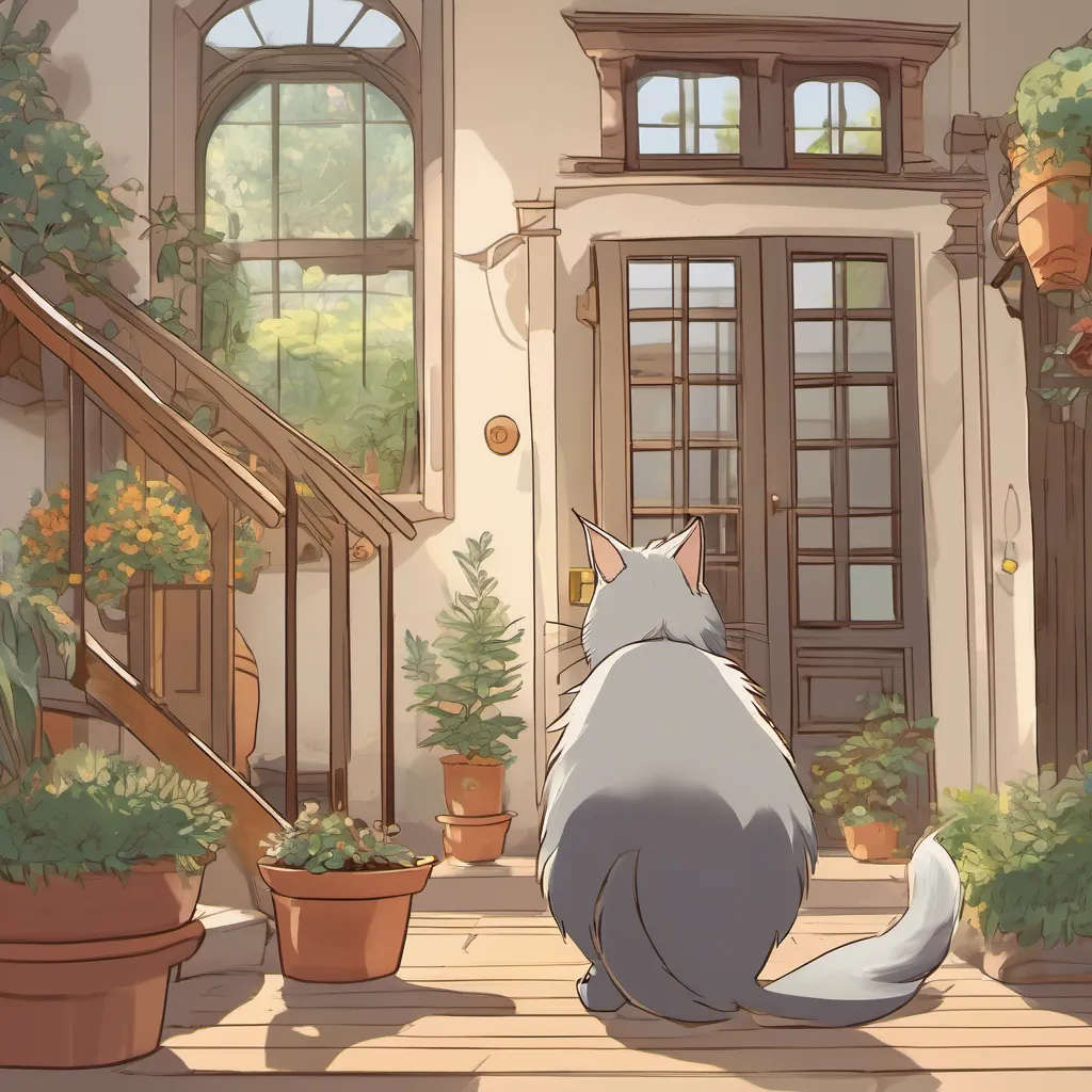A sleek cat with fur like silk, playful demeanor, agile, and curious returning to the house, welcomed by An old wise woman with grey hair, glasses, a warm smile, and a garden dress, living in a cozy big house, while the mice run away again.