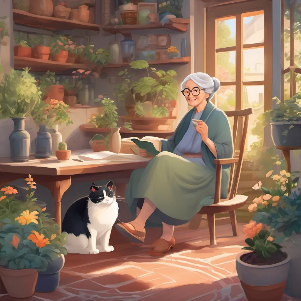 An old wise woman with grey hair, glasses, a warm smile, and a garden dress, living in a cozy big house and A sleek cat with fur like silk, playful demeanor, agile, and curious happily sitting together in the cozy house.