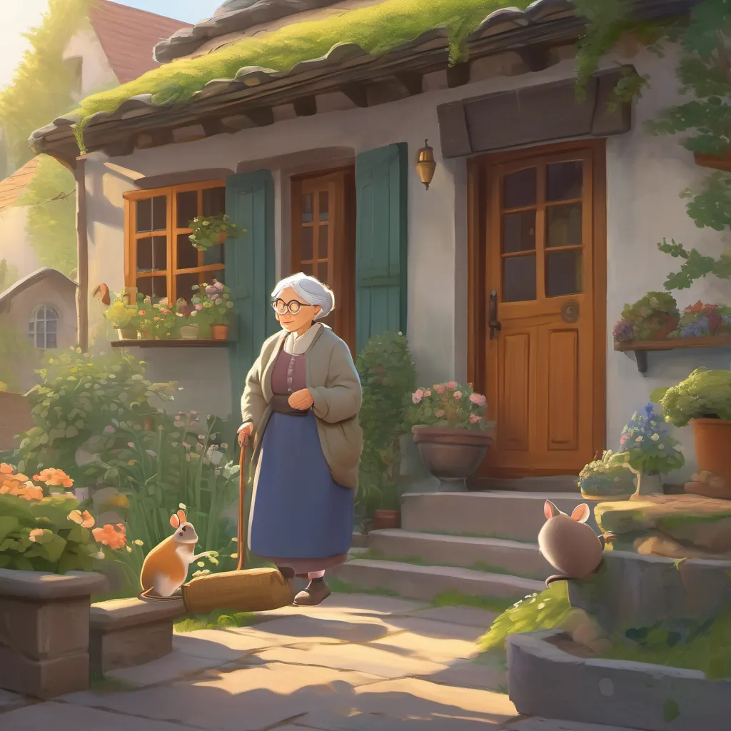An old wise woman with grey hair, glasses, a warm smile, and a garden dress, living in a cozy big house looking worried, observing mice running around her house.